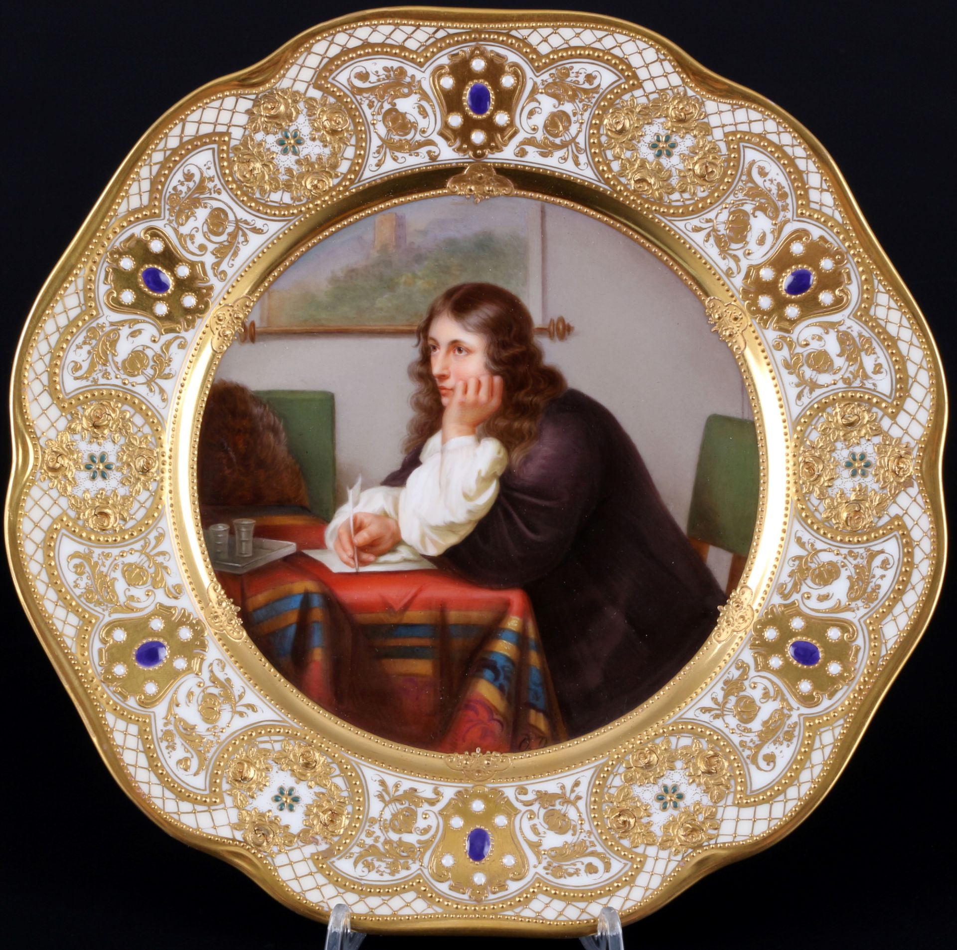 Ambrosius Lamm Dresden Prunkteller Der Briefschreiber nach Frans I van Mieris, splendor plate with p