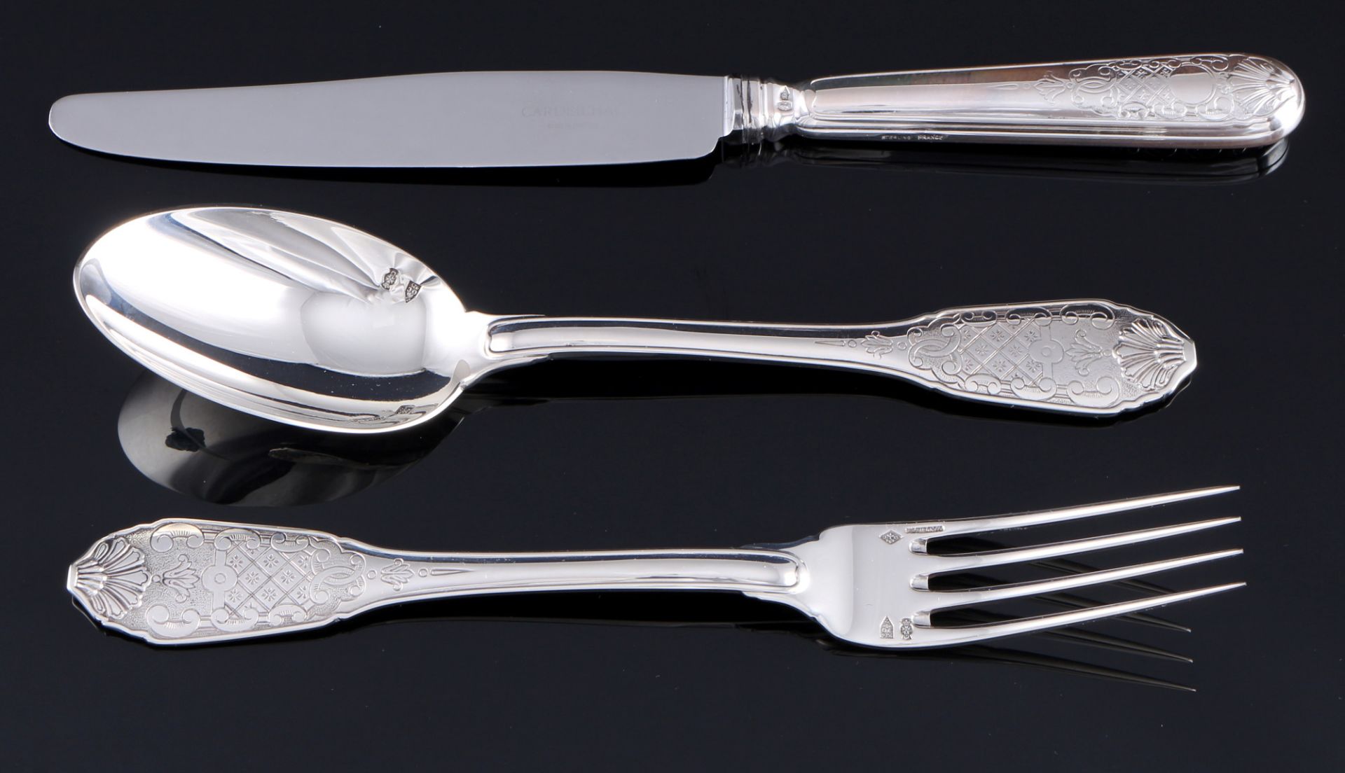 Christofle Cardeilhac Royal Cisele 925 Silber Besteck für 6 Personen, sterling silver cutlery for 6  - Bild 2 aus 5