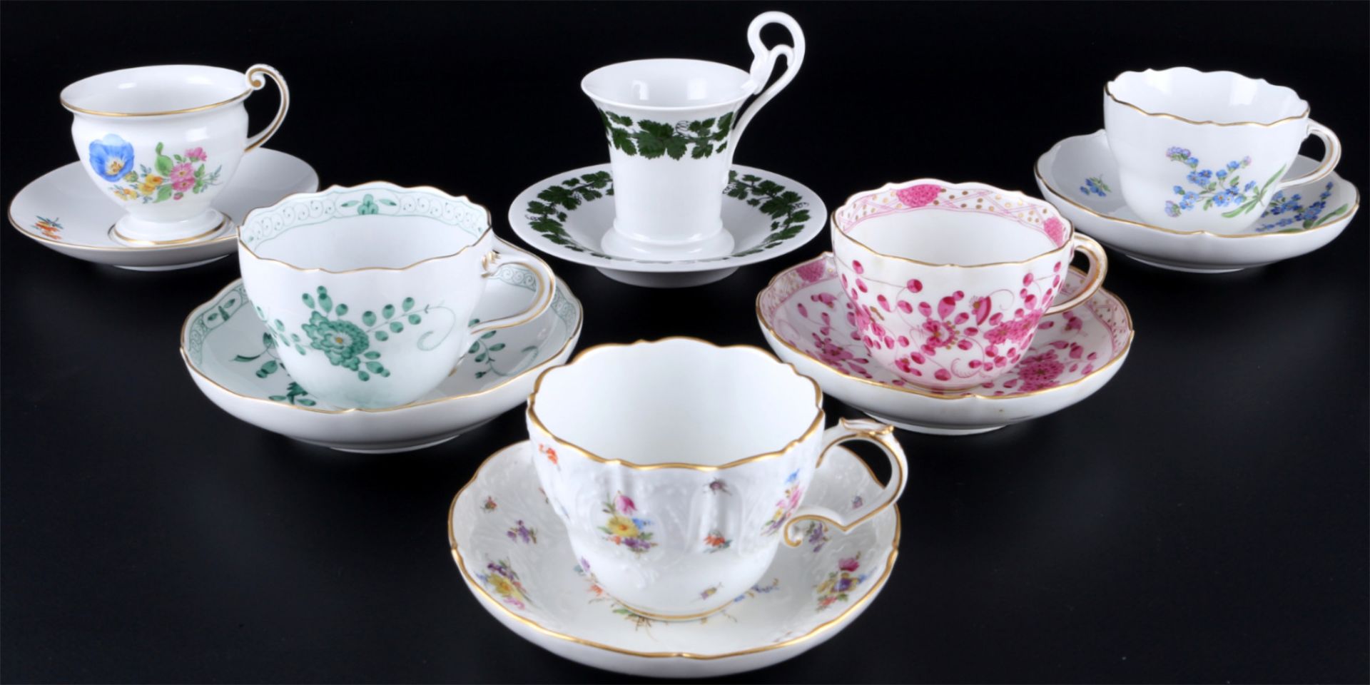 Meissen 6 Kaffeetassen, diverse Dekore, coffee collection cups,