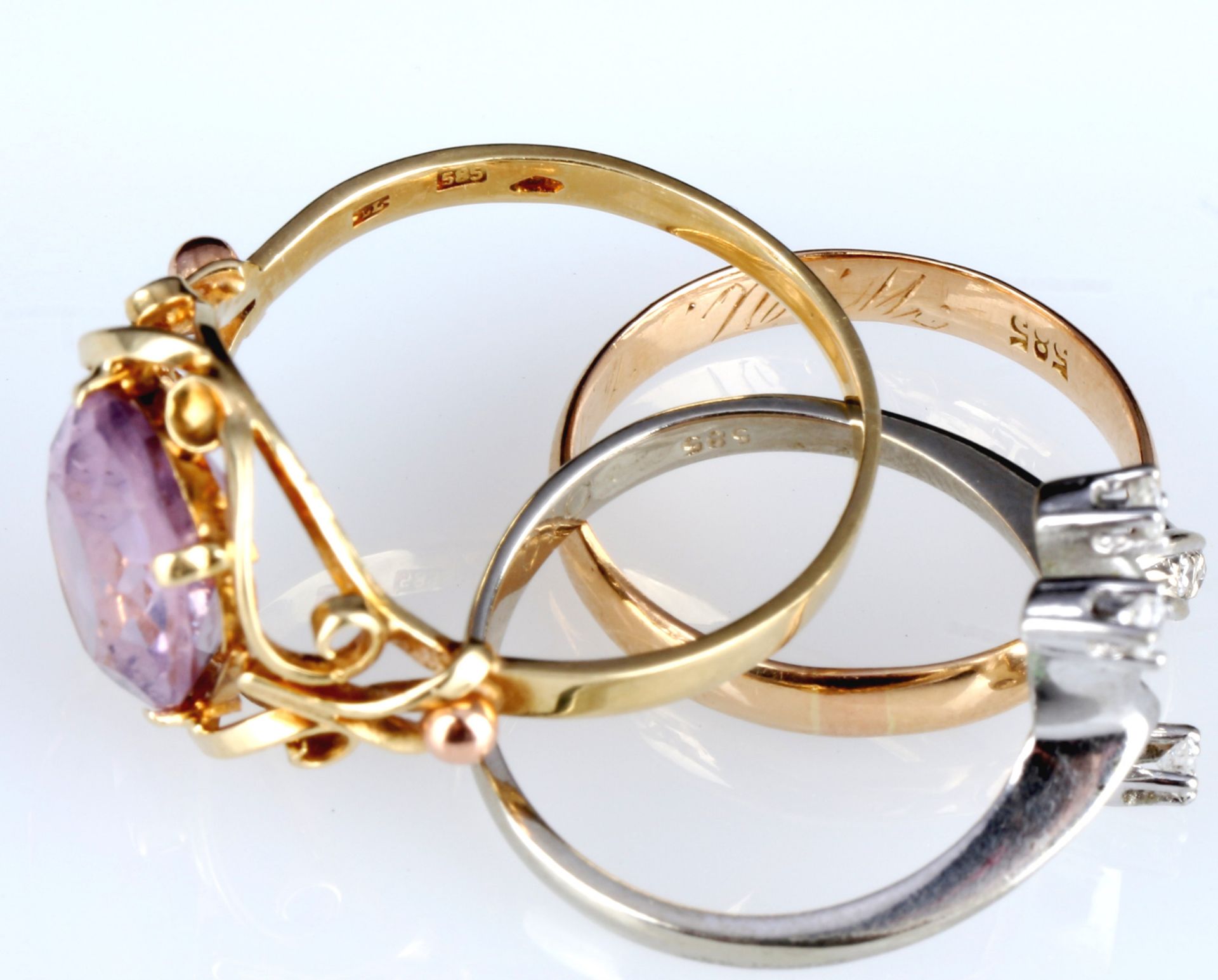 585 Gold 3 Ringe mit Diamanten und Amethyst, 14K gold rings with diamonds and amethyst, - Bild 6 aus 6