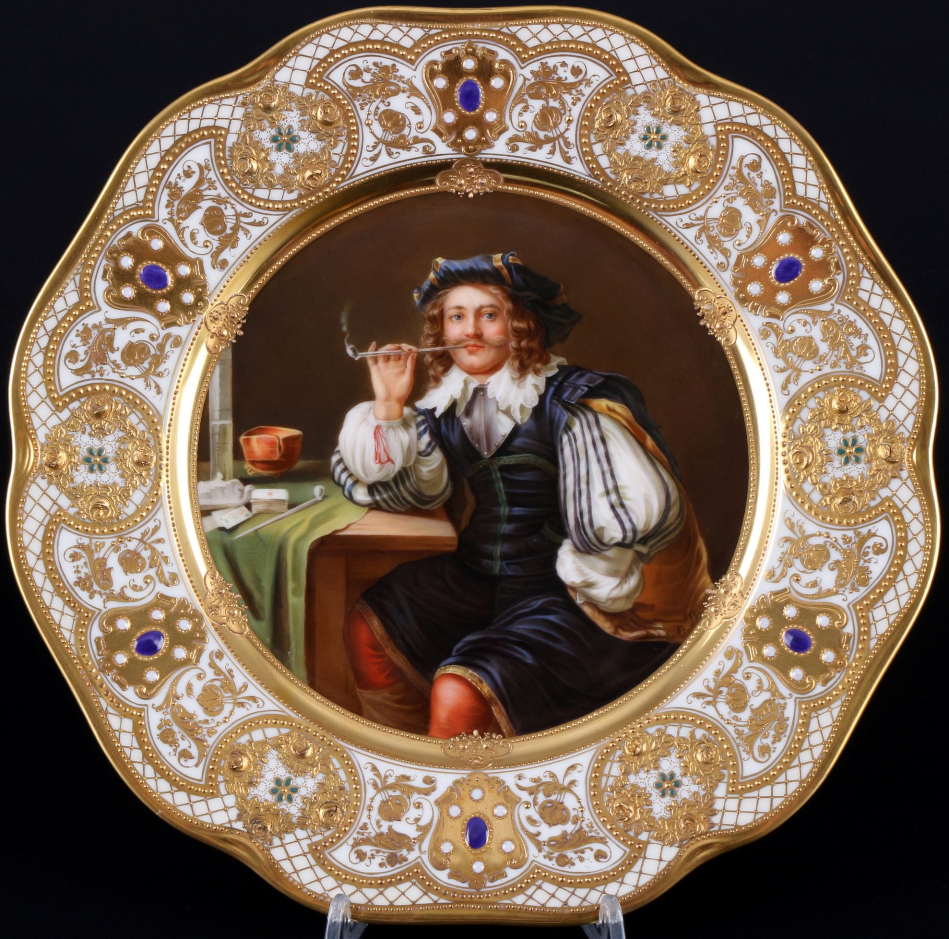 Ambrosius Lamm Dresden splendor plate The Smoker after Frans I van Mieris, Prunkteller Der Raucher,