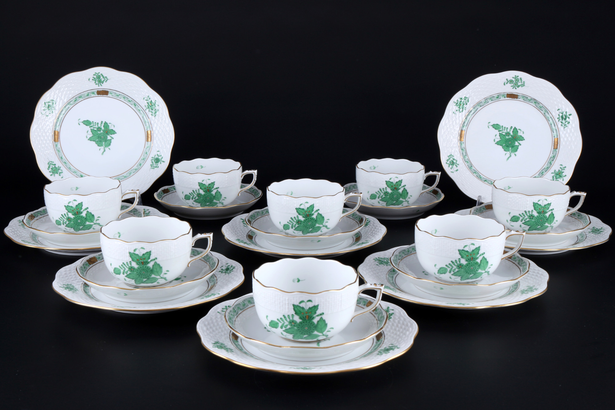 Herend Apponyi Vert 8 tea cups with saucers and plates, Teegedecke,