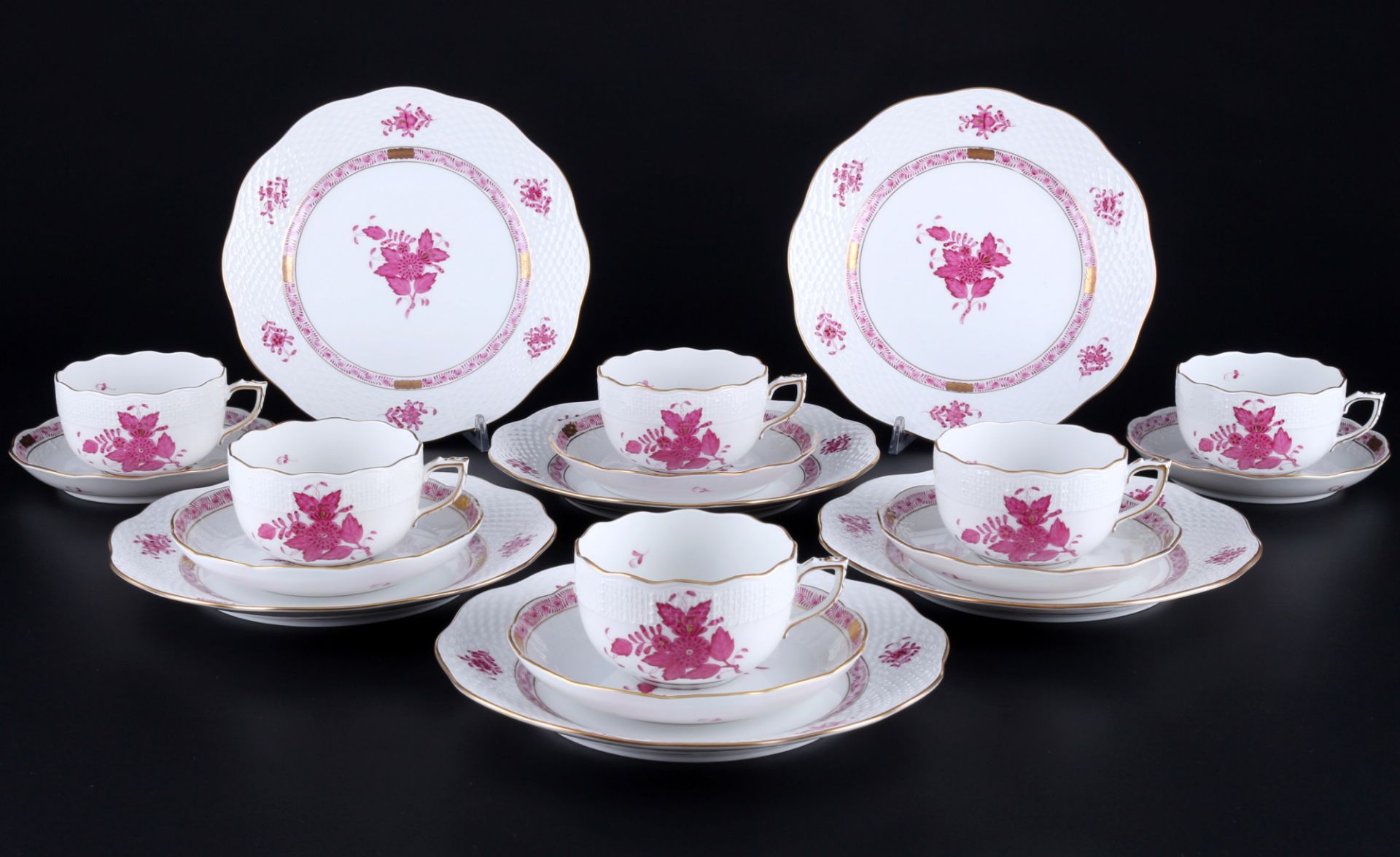 Herend Apponyi Purple 6 tea cups with dessert plates, Teegedecke,