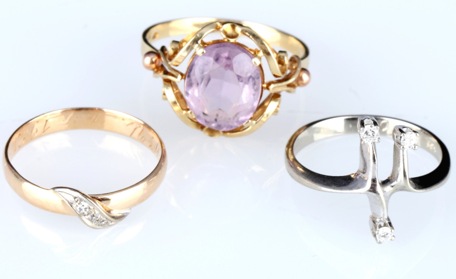 585 Gold 3 Ringe mit Diamanten und Amethyst, 14K gold rings with diamonds and amethyst, - Bild 5 aus 6