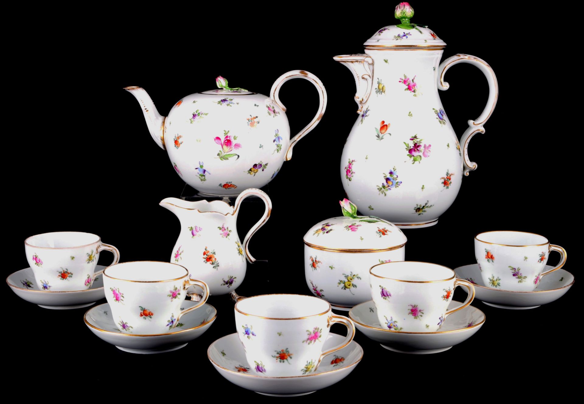 Meissen 19. Jahrhundert Streublümchen Kaffee- und Teeset für 5 Personen, Knaufmarke, coffee tea set 