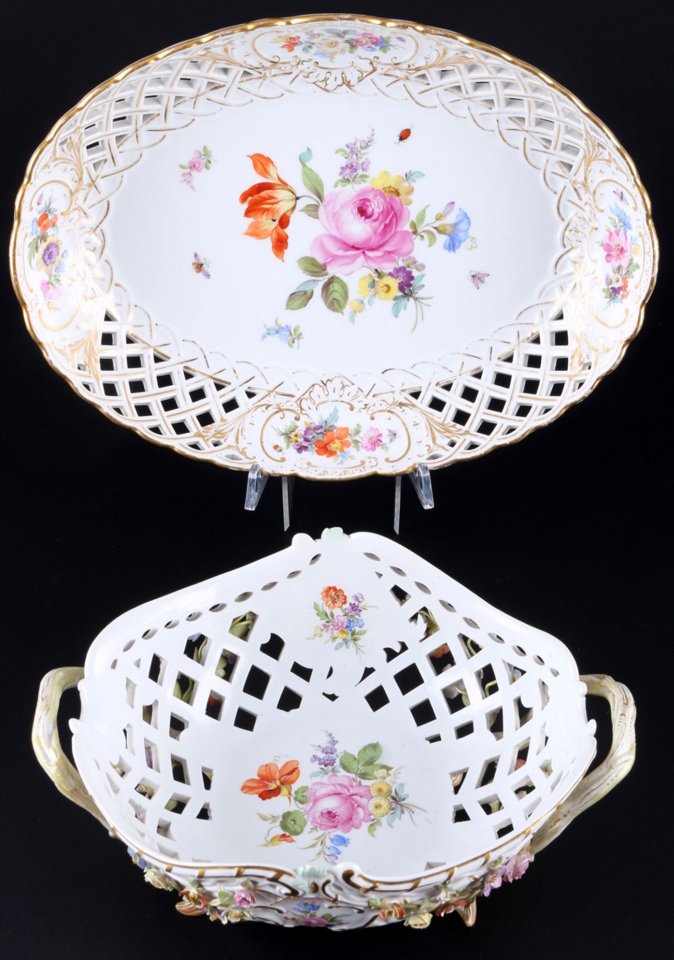 Meissen Blumenbukett große Durchbruchschale und Prunkkorb 1.Wahl, Knaufmarke, large cutwork bowl and