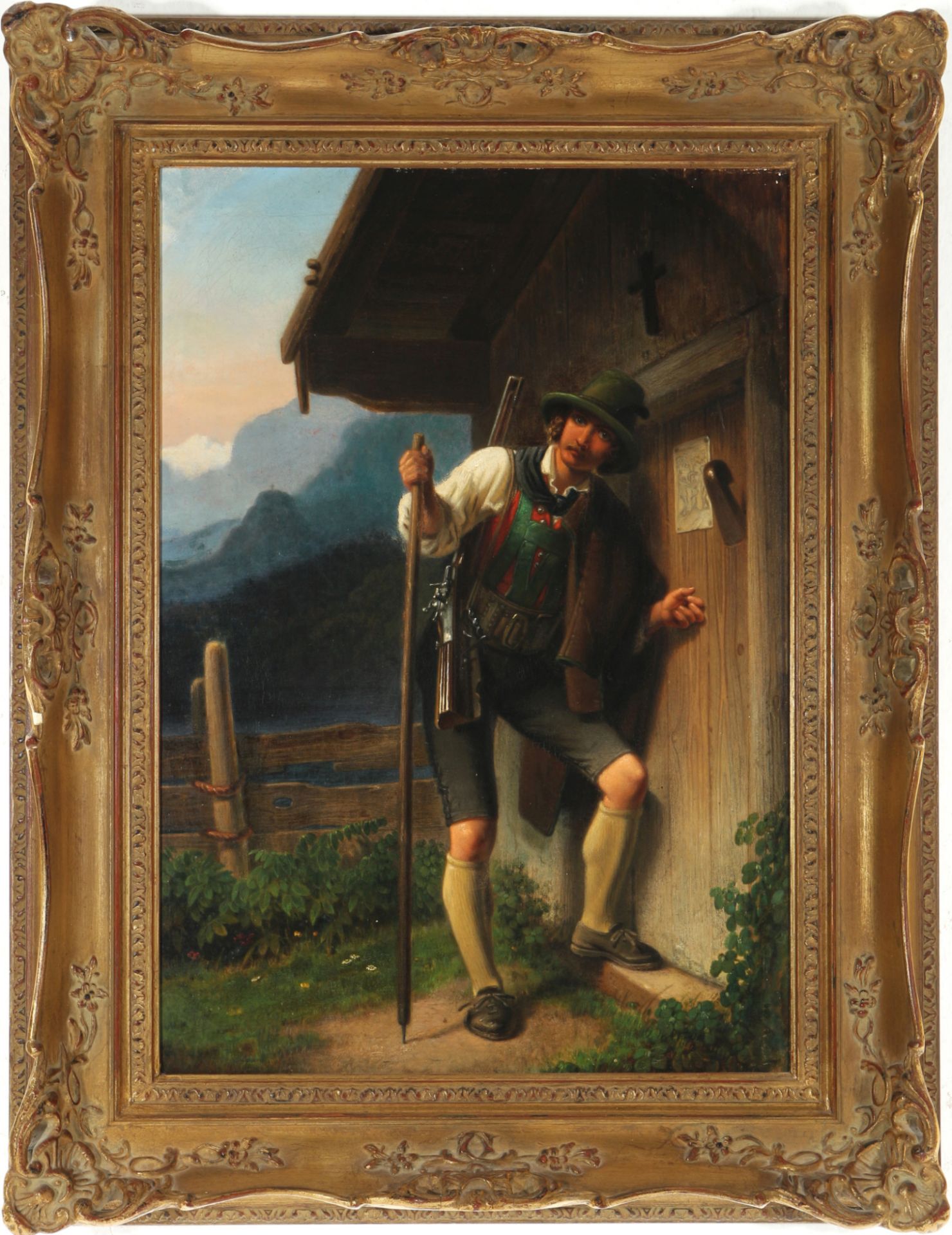 Unbekannter Maler 19. Jahrhundert, Tiroler Jäger an der Tür, unknown painter 19th century tyrolean h - Bild 2 aus 4