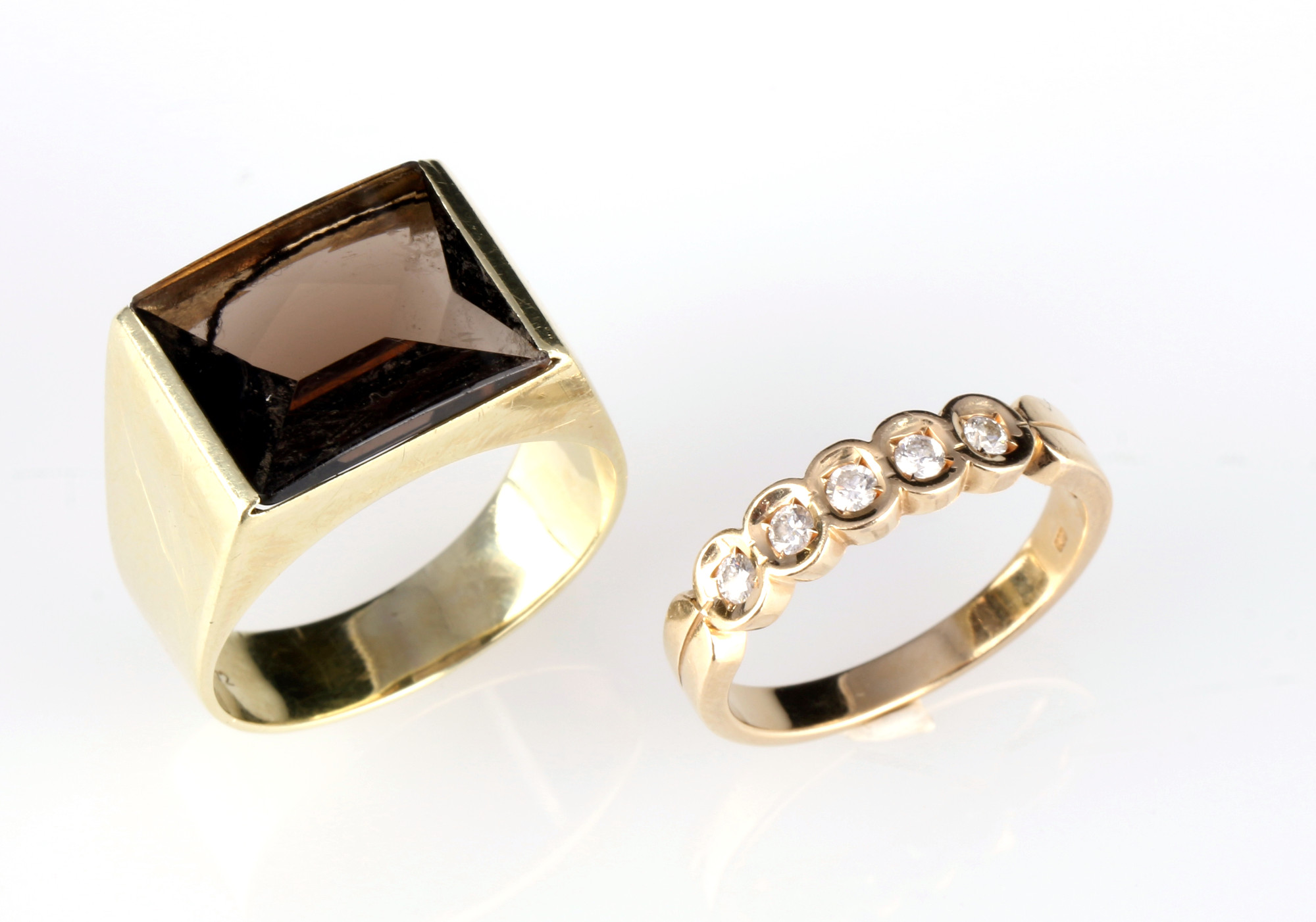 585 gold 2 rings with diamonds and smoky quartz, 14K Gold Ringe mit Diamanten und Rauchquarz,