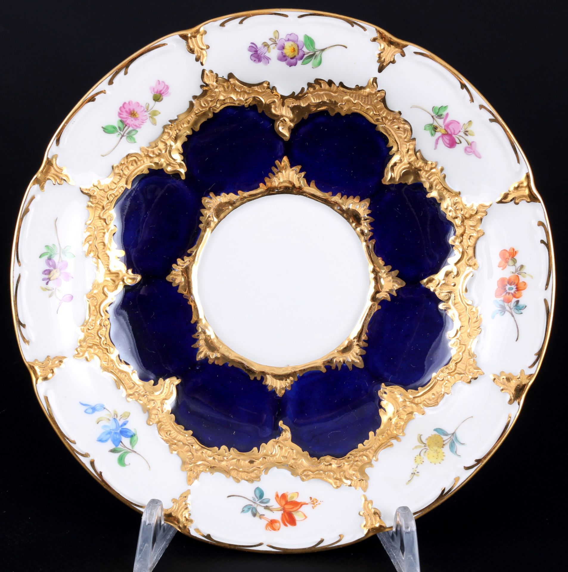 Meissen B-Form Strewn Flowers royal blue 2 coffee cups with dessert plates, Kaffeegedecke, - Image 3 of 5