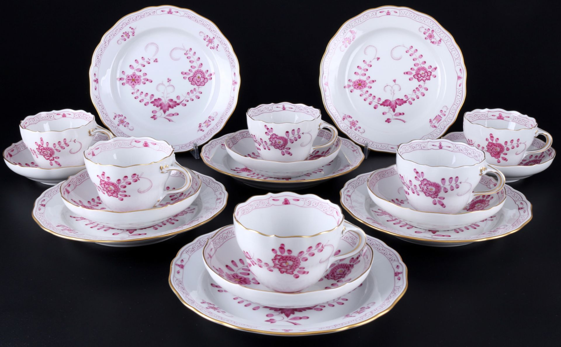 Meissen Indisch Purpur 6 Kaffeegedecke, coffee cups with dessert plates,