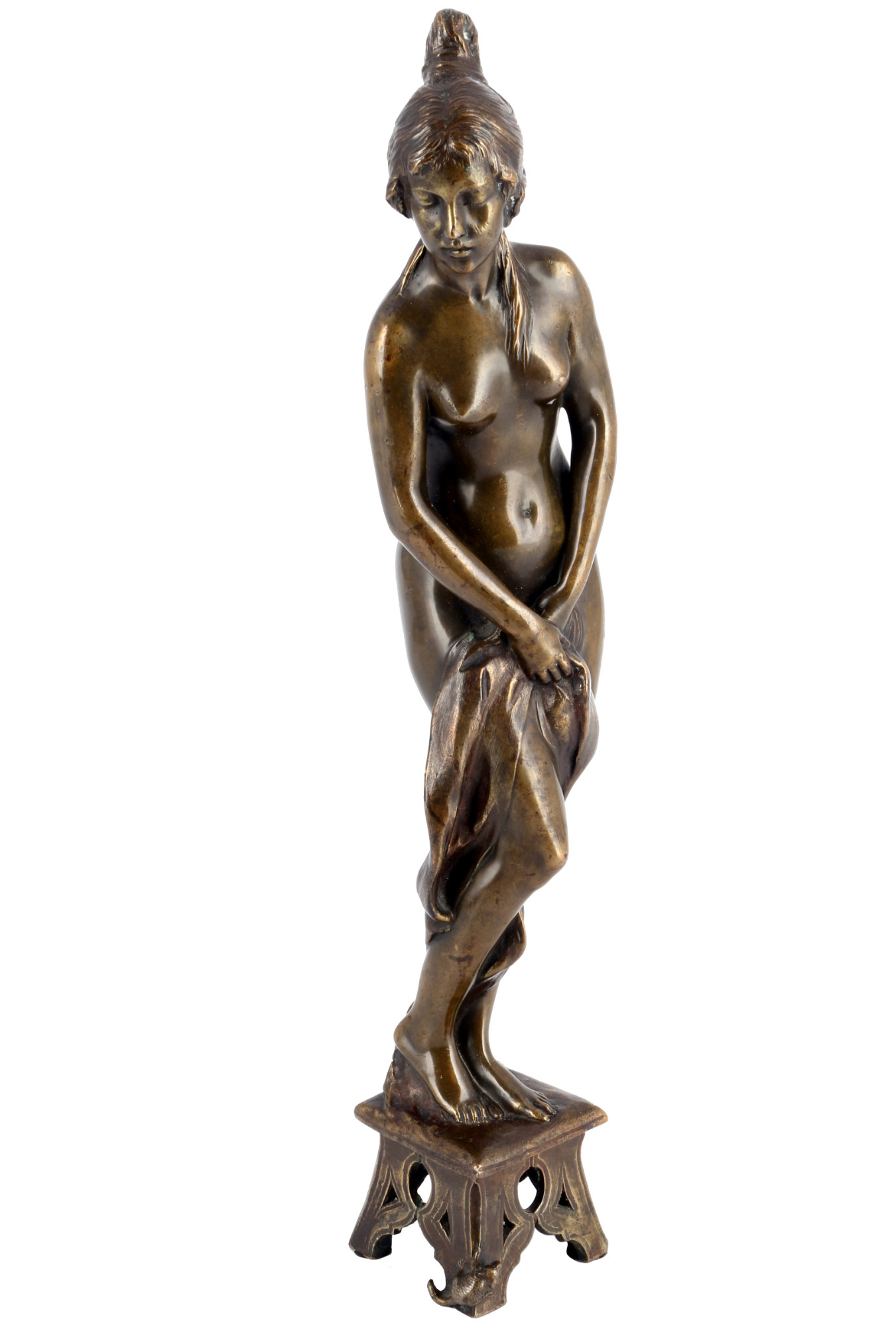 Paul Aichele (1859-1920) bronze female nude act on stool, Bronze weiblicher Akt auf Hocker,