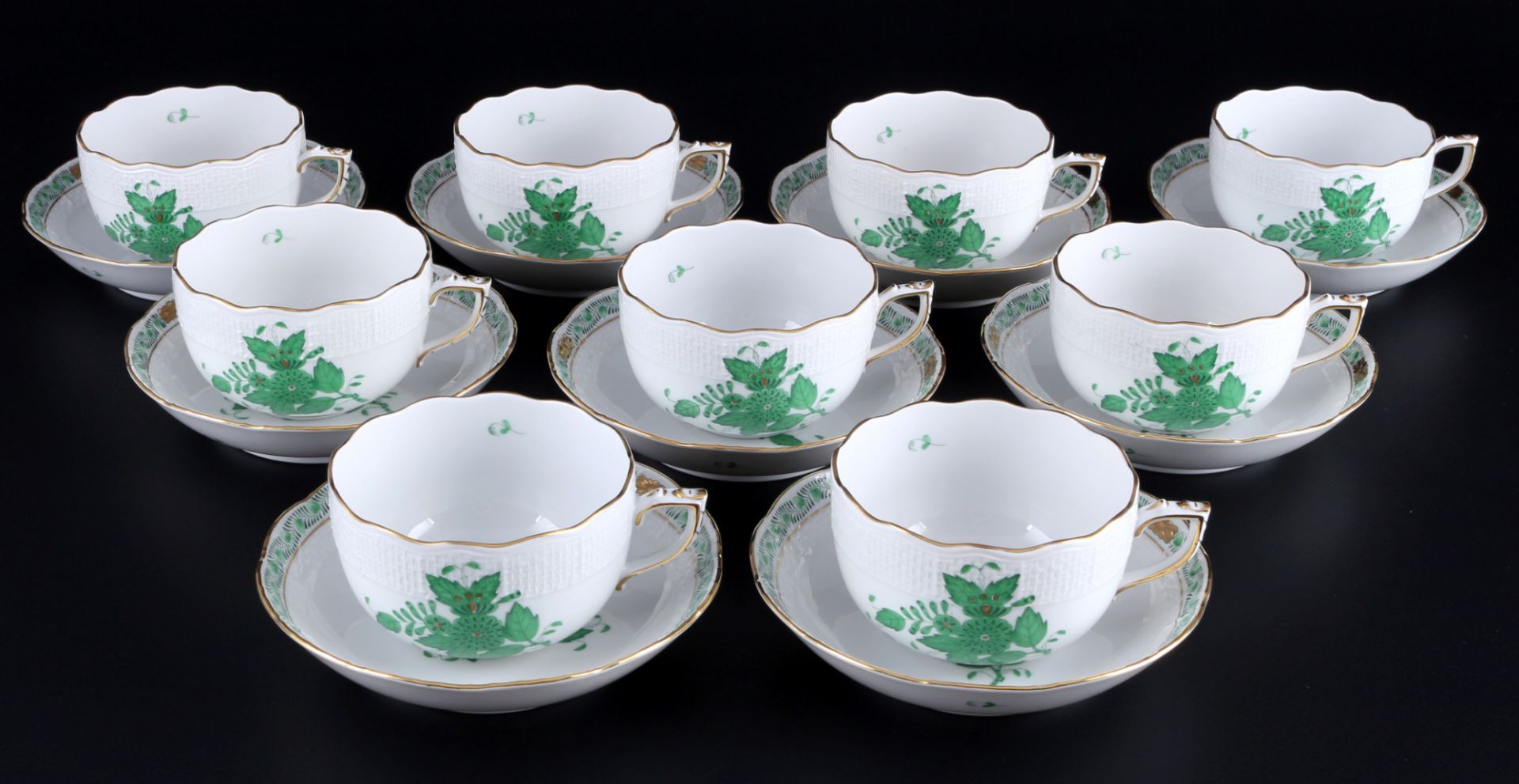 Herend Apponyi Vert 9 Teetassen, tea cups with saucers,