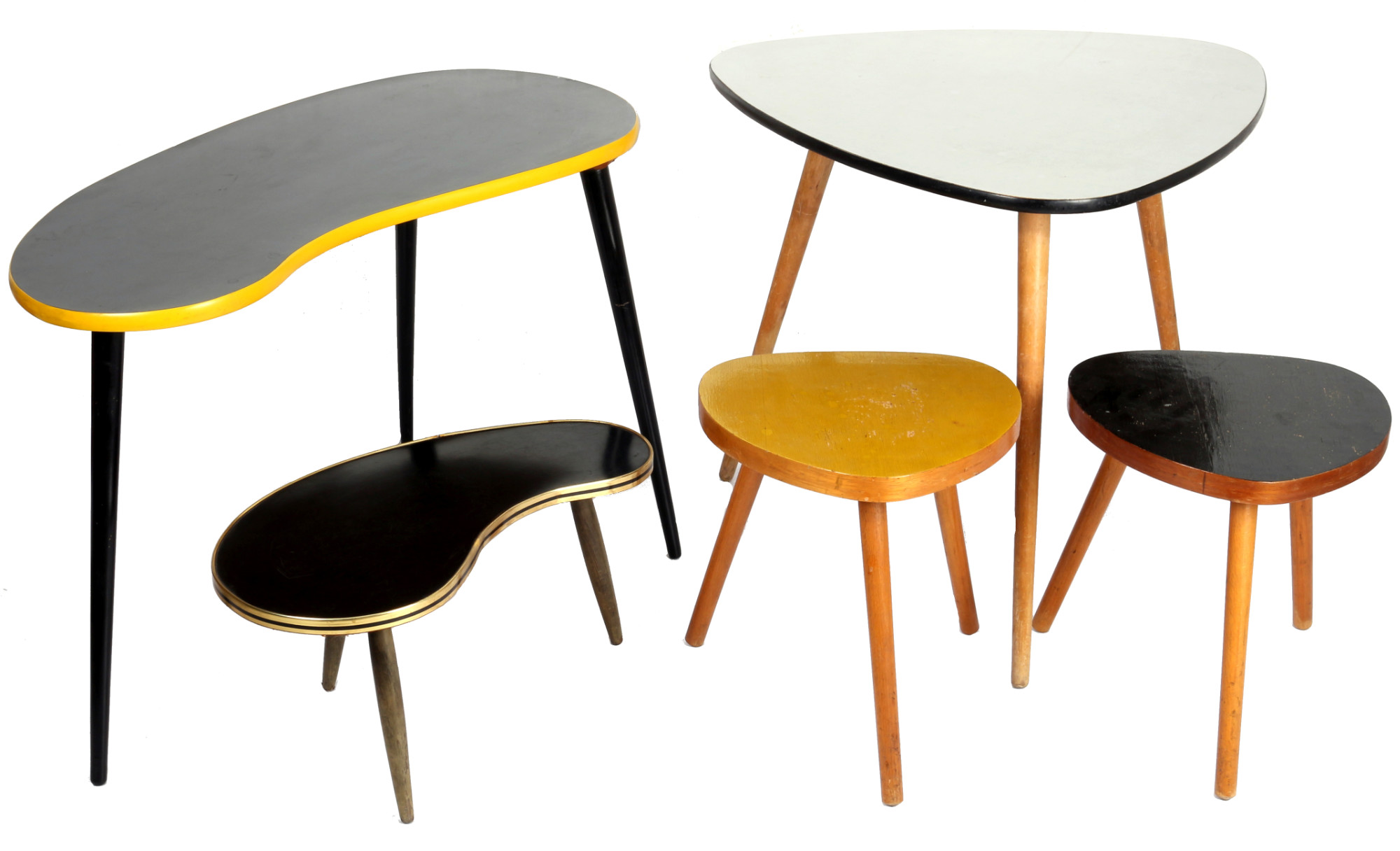 Mid-Century 3 kidney / side tables with 2 stools 50s/60s, Nierentische mit Beistelltisch und 2 Hoc