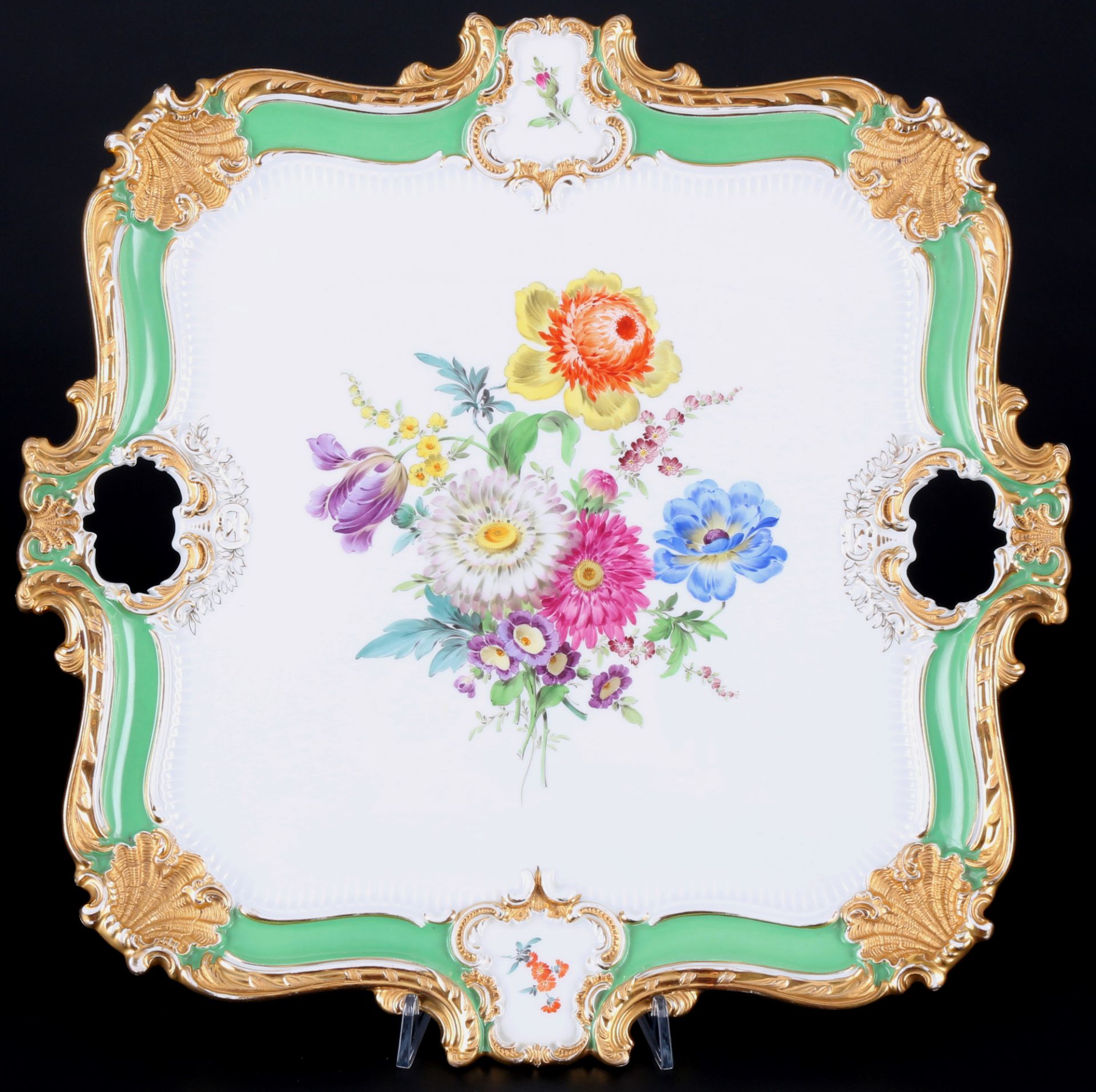 Meissen B-Form Grün Blumenbukett großes Prunktablett 1.Wahl, large splendor tray 1st choice,