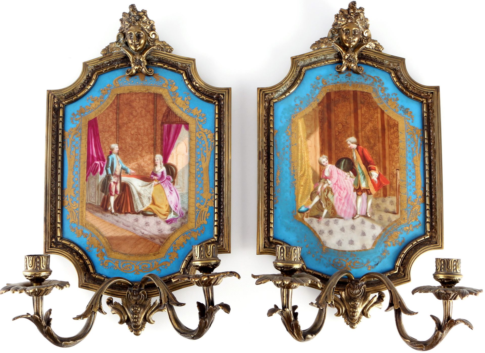 Pair of wall appliques with porcelain painting, France 19th century, Paar Wandappliken mit Porzellan