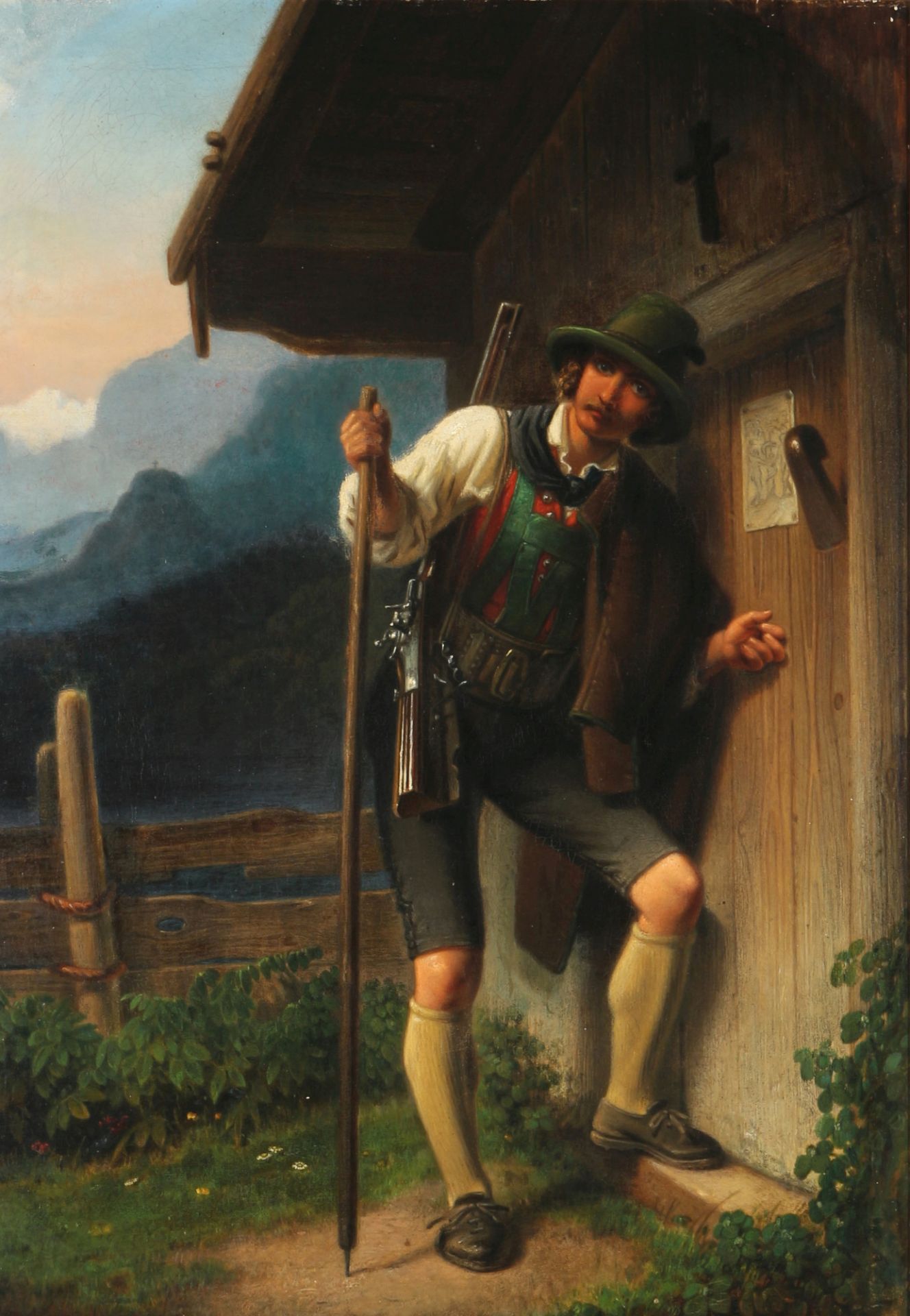 Unbekannter Maler 19. Jahrhundert, Tiroler Jäger an der Tür, unknown painter 19th century tyrolean h