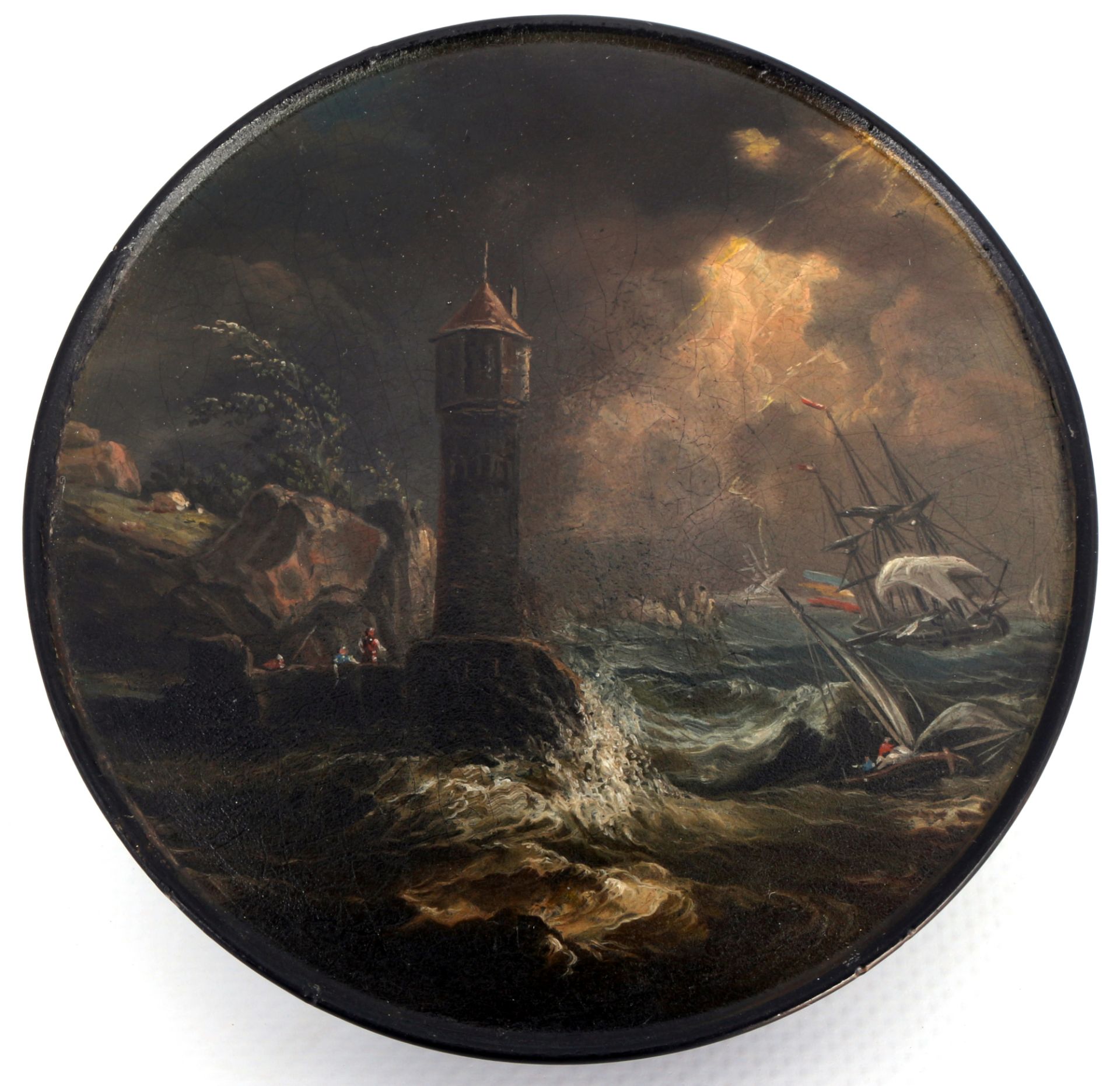 Stobwasser lacquer box with rough seascape after Claude Joseph Vernet, Lackdose mit rauer Küstenland