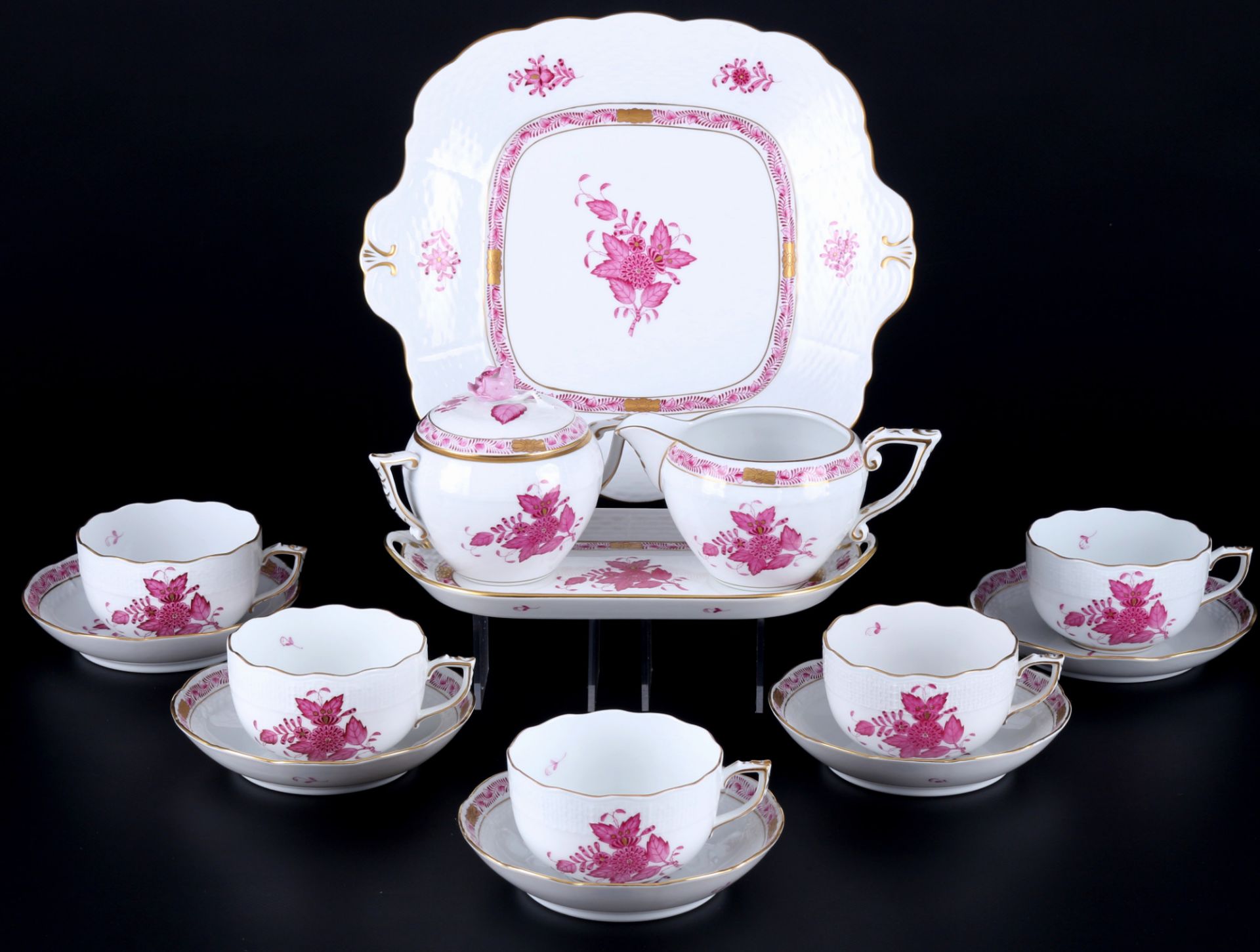 Herend Apponyi Purpur 5 Teetassen mit Milch und Zucker Menage, tea cups with milk and sugar set,