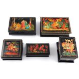 Russia 5 large lacquered boxes including palekh painting, Russland große Lackdosen,