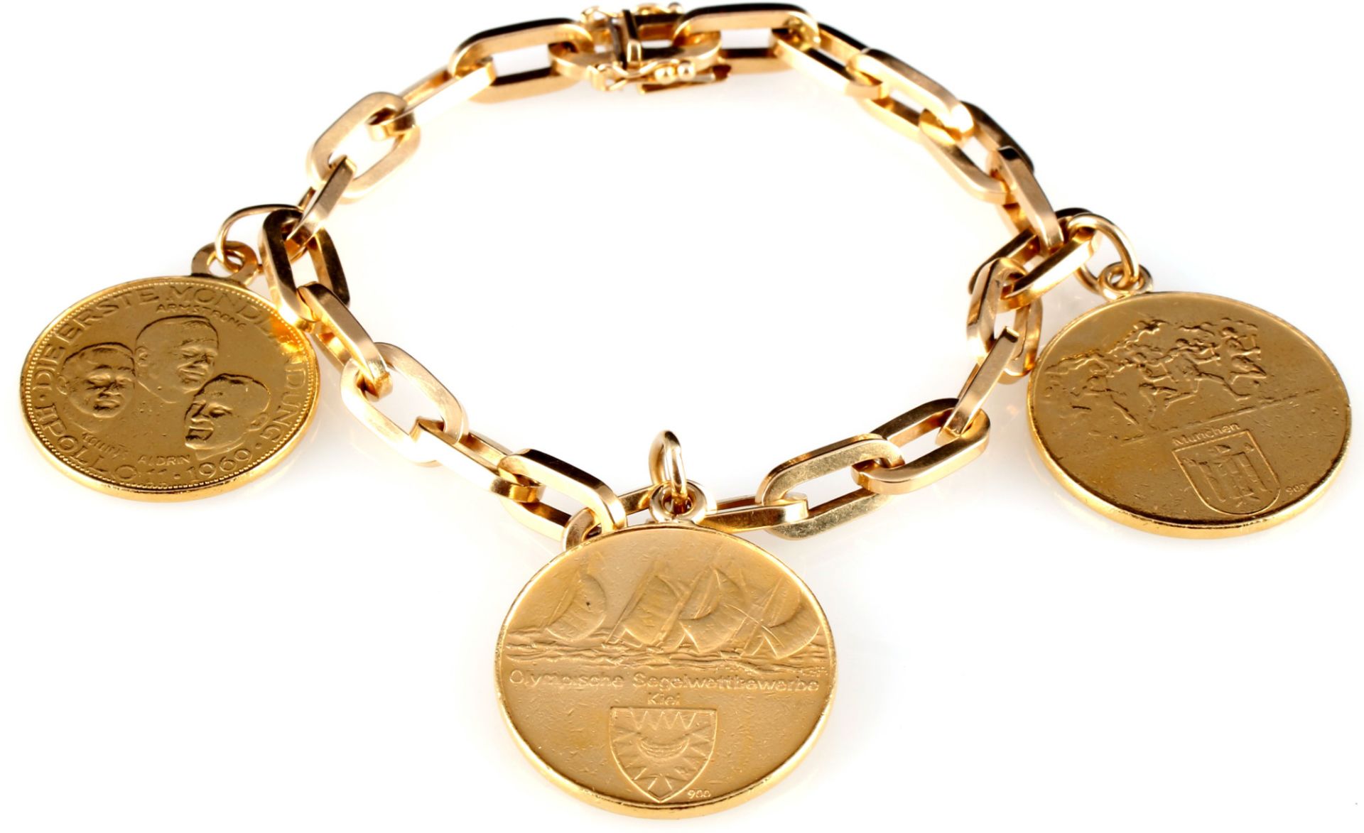 750 Gold Bettelarmband mit 3 Goldmedaillen, gold charm bracelet with gold medals,