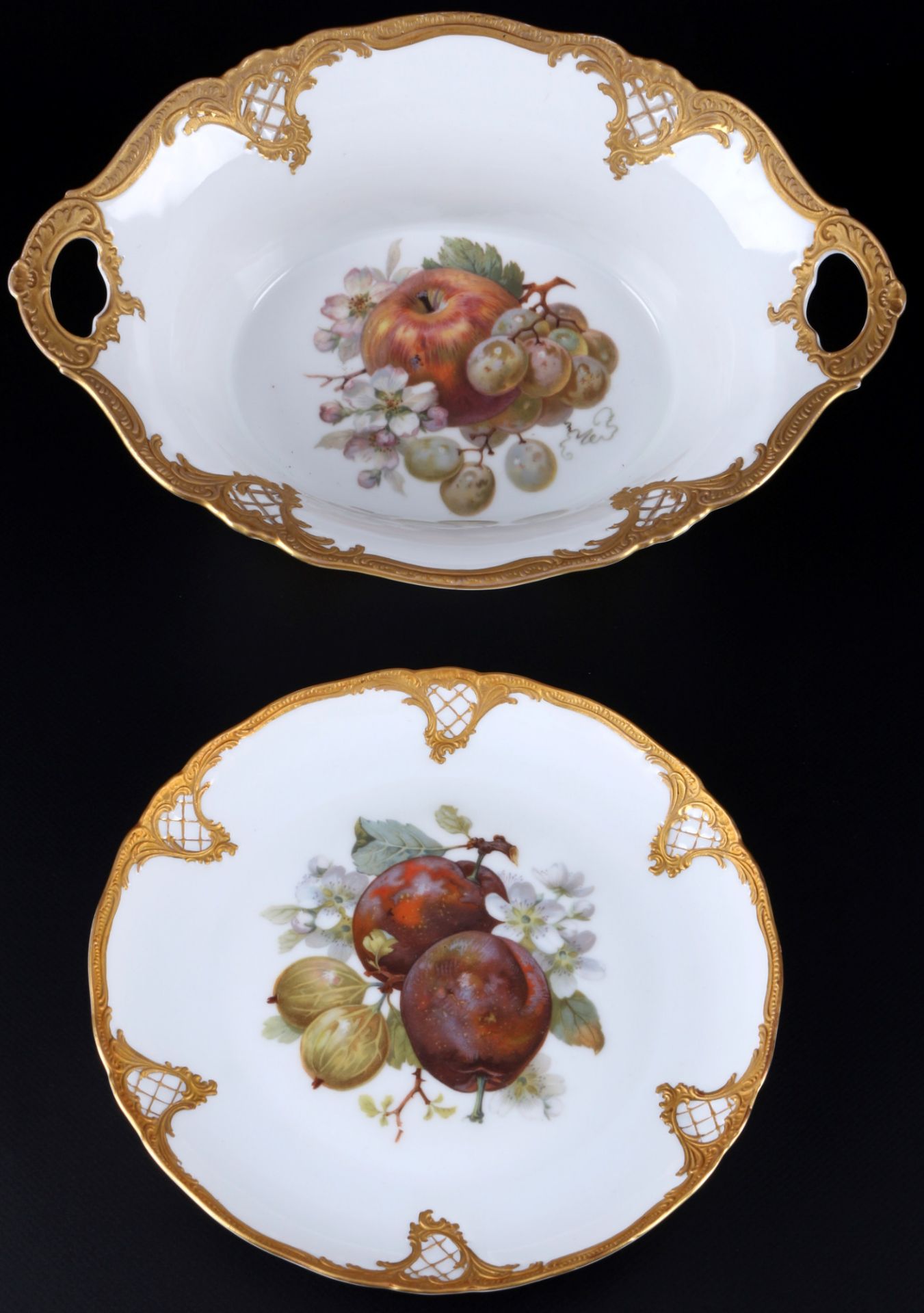 Fürstenberg Obstmalerei Prunkschale und Teller, splendor bowl and plate,