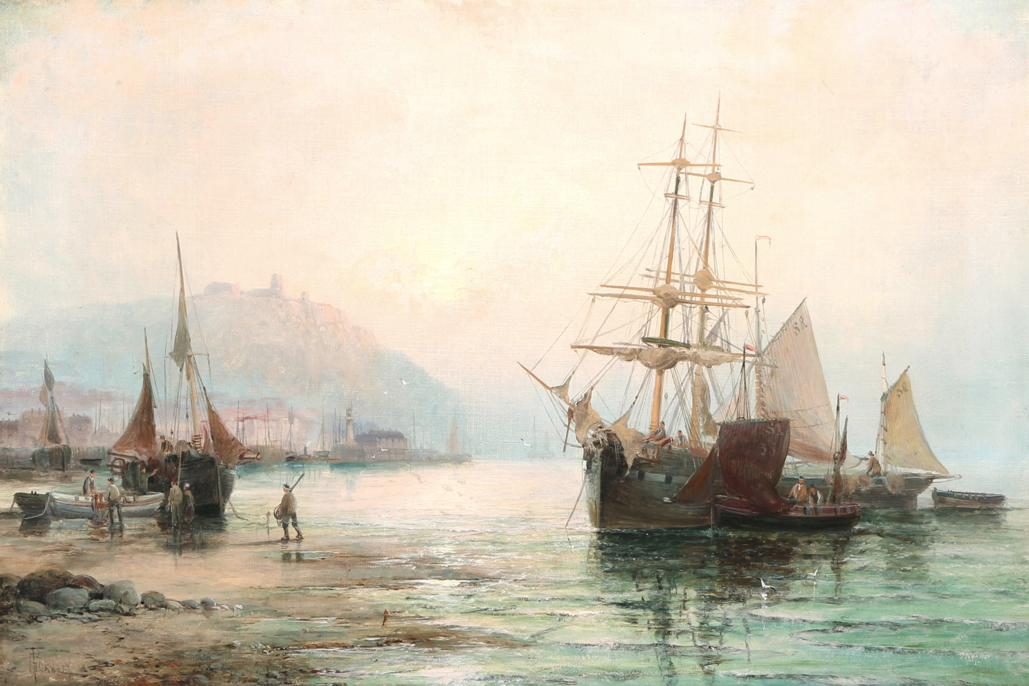 William Anslow Thornley (1858-1898) coastal scene with boats, Küstenszene mit anliegenden Booten,