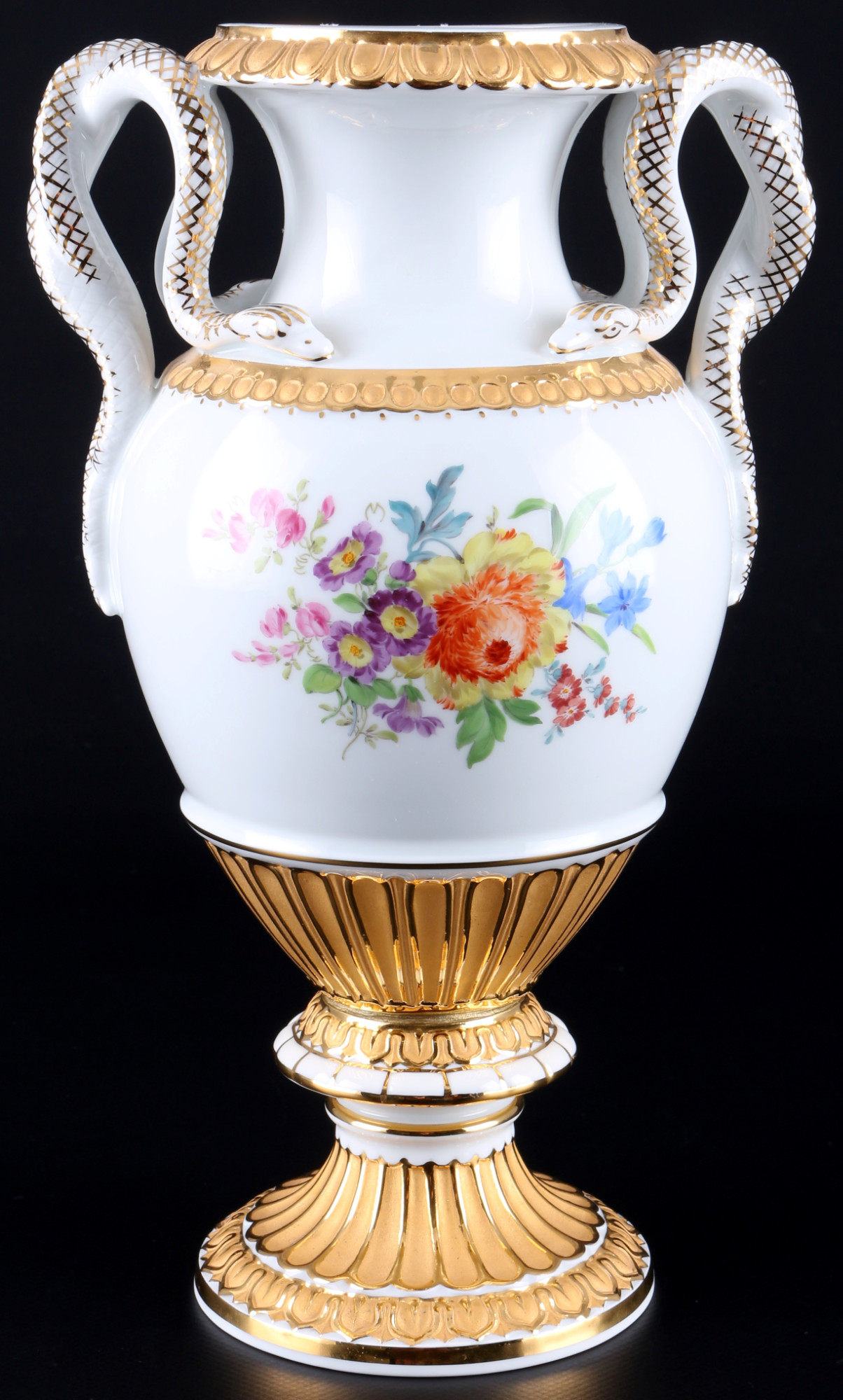 Meissen Flower Bouquet snake handle vase 1st choice, Schlangenhenkelvase 1.Wahl,