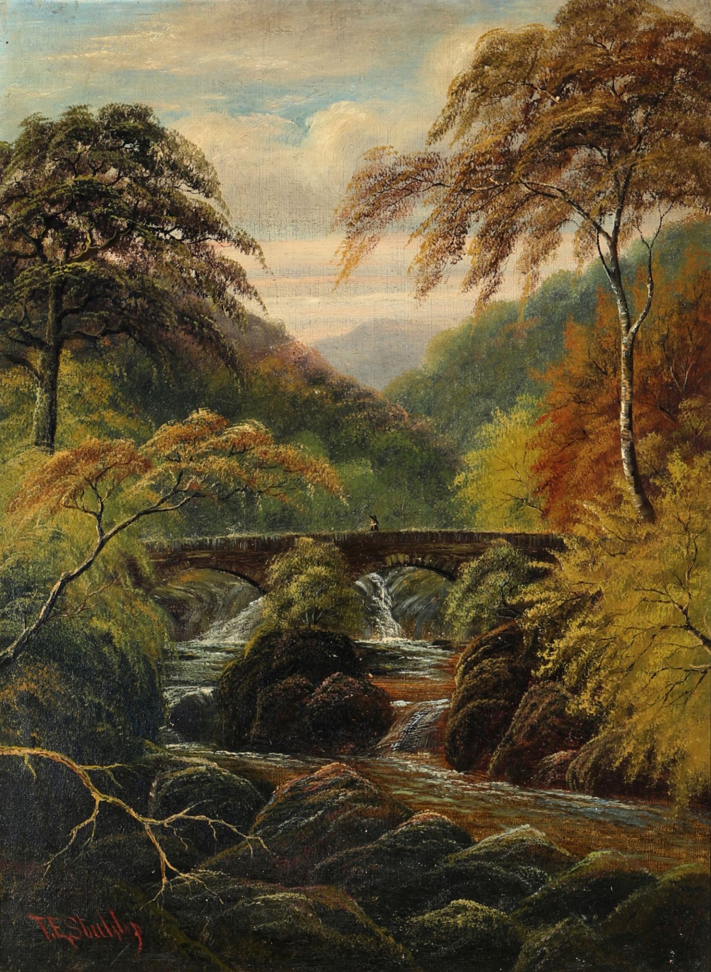 T.E. Stubbs Maler des 19. Jahrhunderts Waldlandschaft mit Blick auf Brücke, 19th century painter for