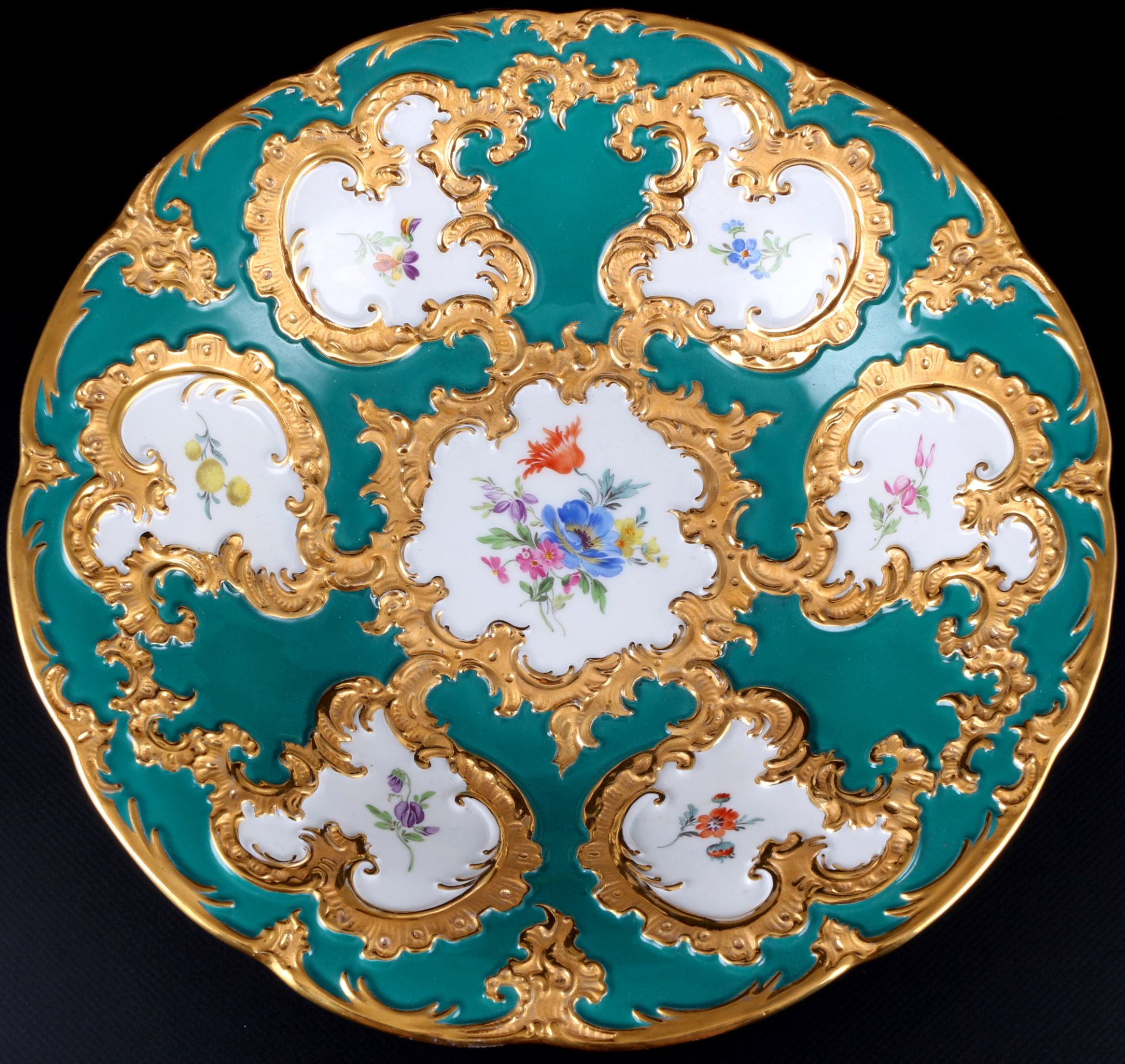 Meissen B-Form russisch Grün Blumenbukett große Prunkschale 1.Wahl, russian green splendor bowl 1st 