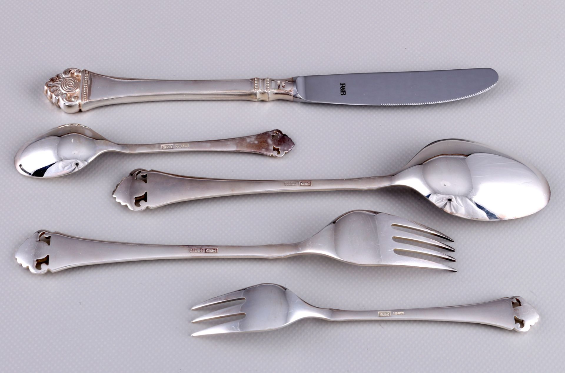 Robbe und Berking Rosenmuster 800 Silber umfangreiches Menübesteck für 9 Personen, silver cutlery fo - Bild 6 aus 9