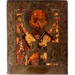 Russland Ikone Nikolaus von Myra mit Messingoklad 19. Jahrhundert, russian icon Saint Nicholas with