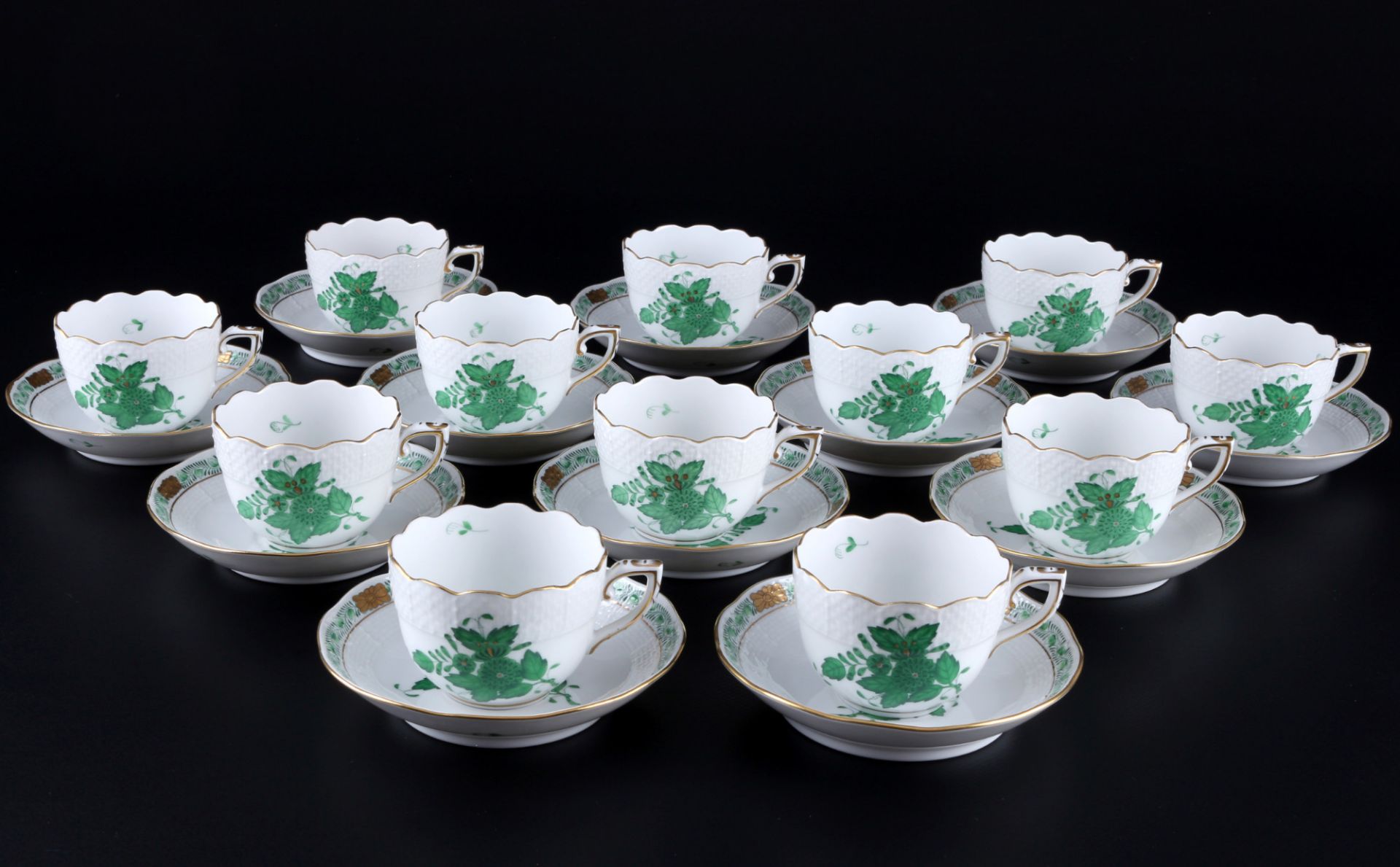 Herend Apponyi Vert 12 Mokkatassen, mocha coffee cups with saucers,