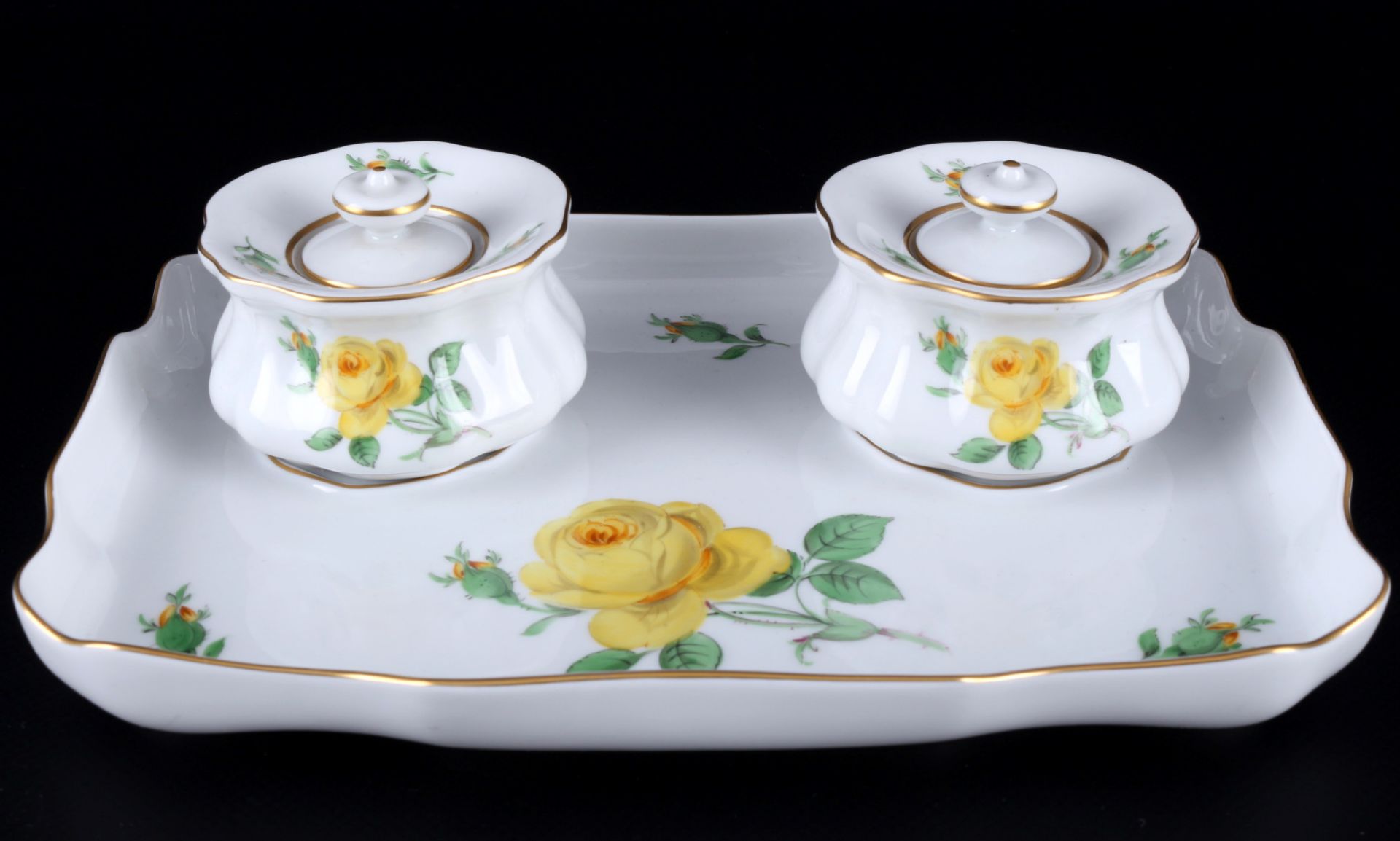 Meissen Gelbe Rose Schreibtischgarnitur mit 2 Tintenfässern 1.Wahl, desk set inkstand 1st choice, - Bild 2 aus 5