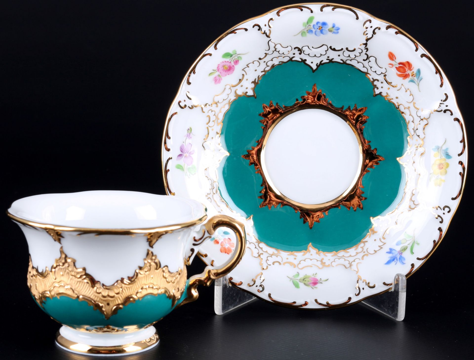 Meissen B-Form russisch grün Mokkatasse 1.Wahl, mocha coffee cup with saucer 1st choice,