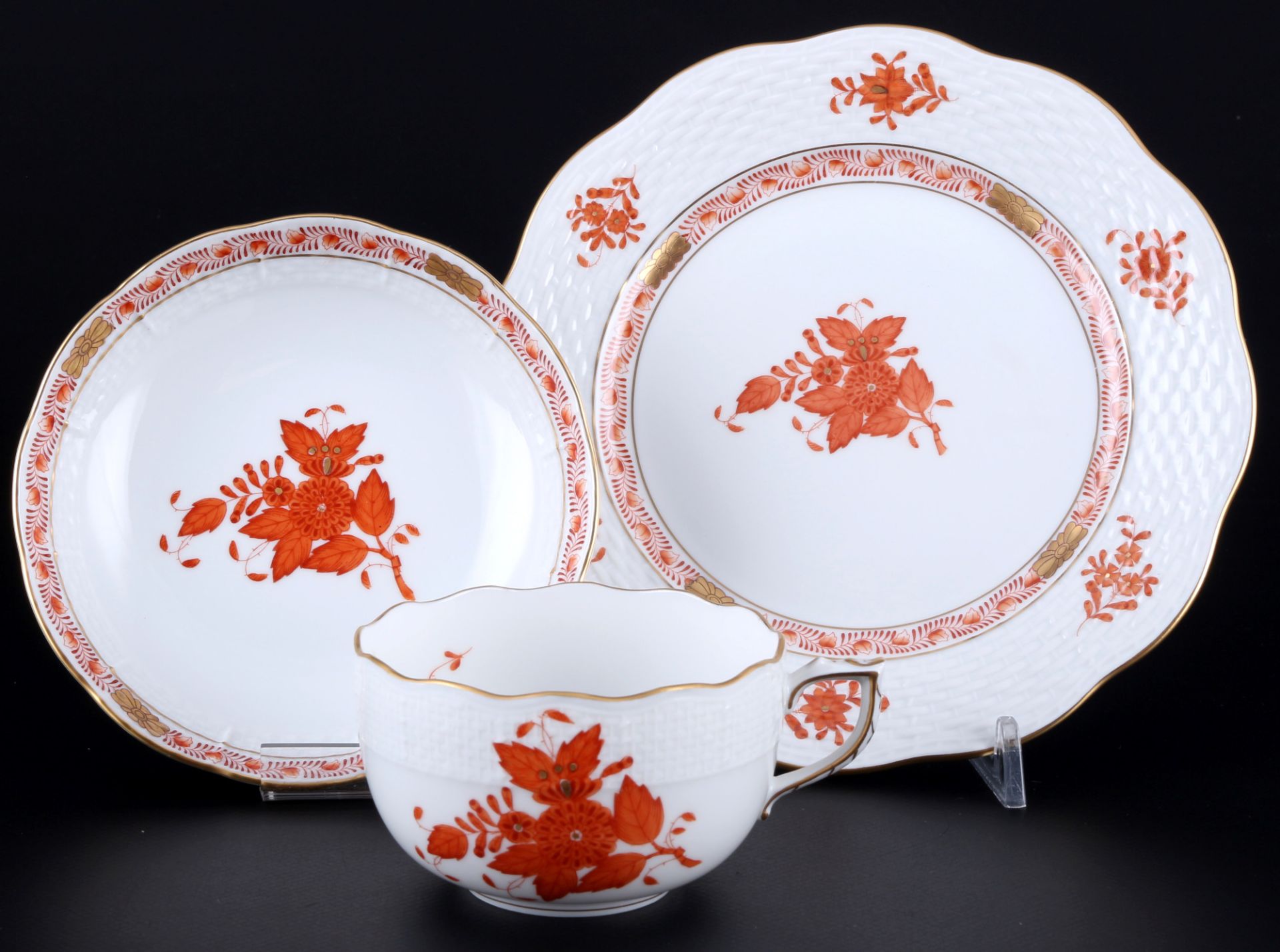 Herend Apponyi Orange 8 Teegedecke mit Milchkanne und Zuckerdose, tea cups and plates with milk pot  - Bild 2 aus 4