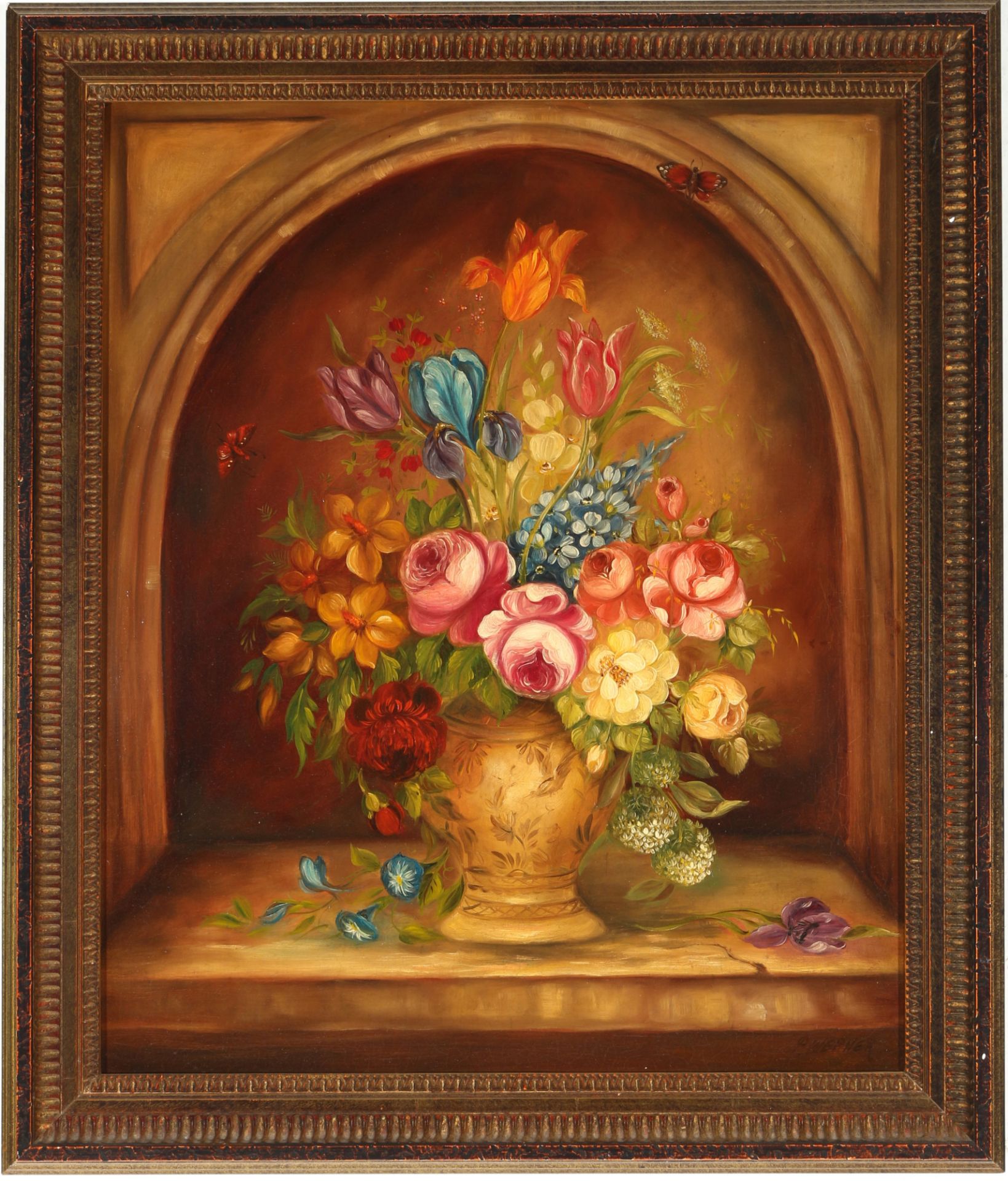 P. Werner - Blumenstillleben mit Schmetterlingen, floral still life with butterflies, - Bild 2 aus 4