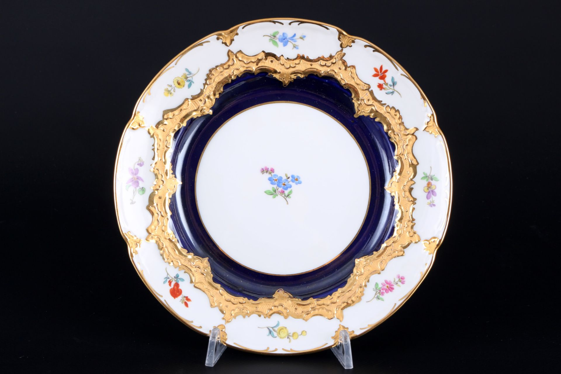 Meissen B-Form Strewn Flowers royal blue 2 coffee cups with dessert plates, Kaffeegedecke, - Image 4 of 5