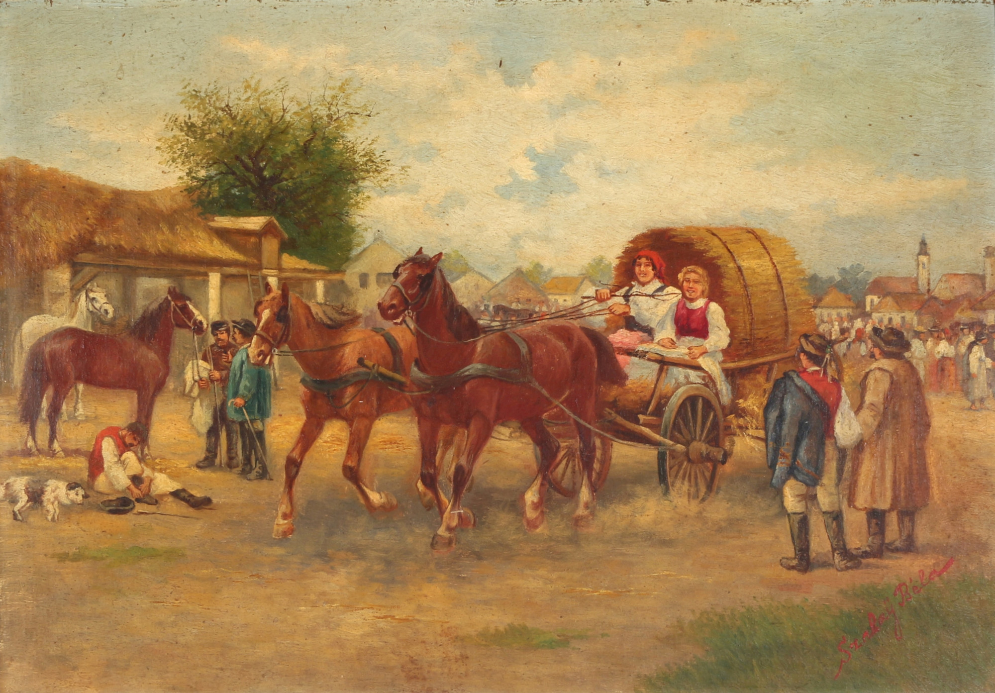 Béla Szalay (XX) hay waggon on market square, Heukarren auf Marktplatz,