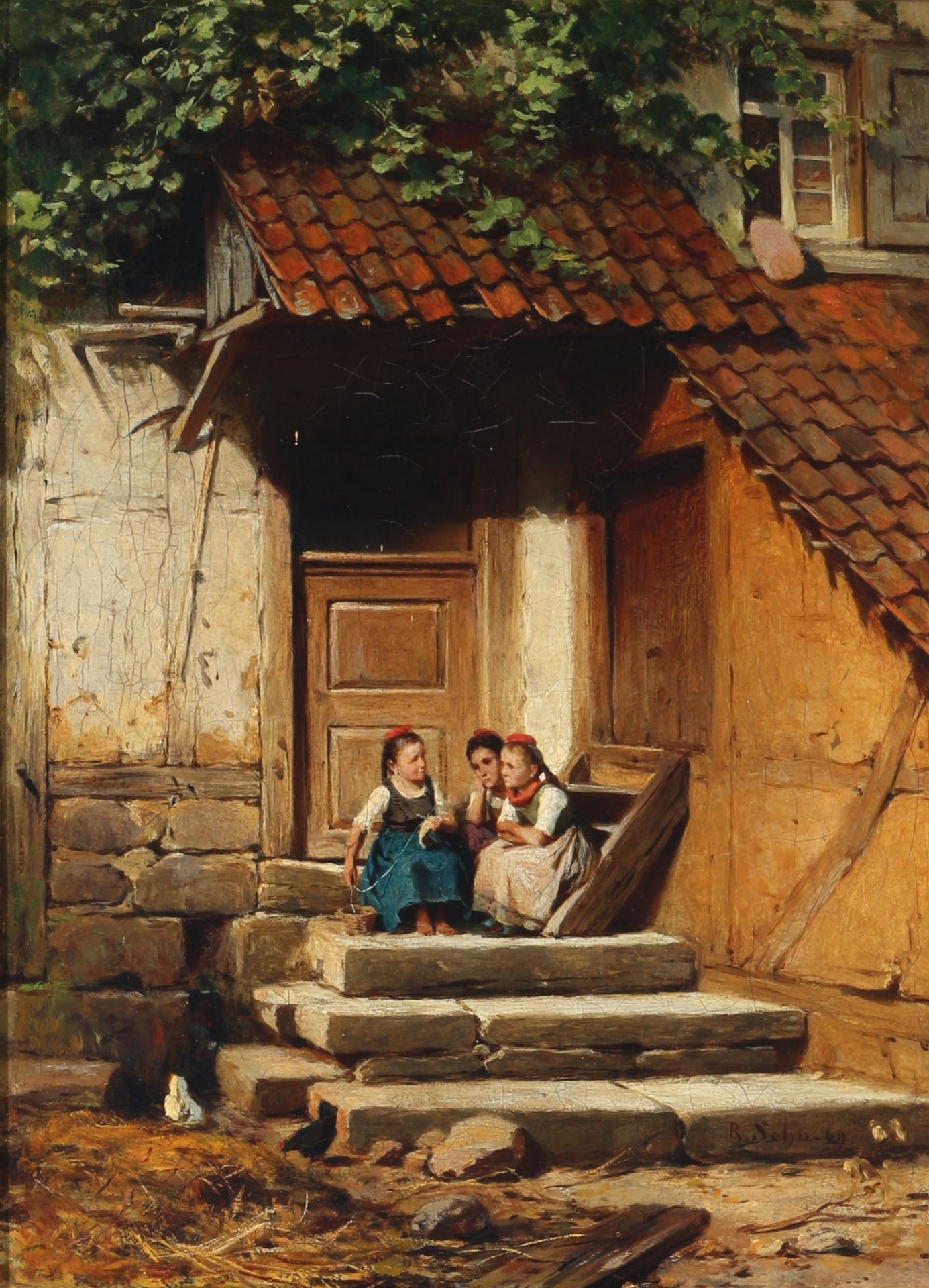Paul Edouard Richard Sohn (1834-1912) three children in front of the house 1869, Drei Kinder vor dem