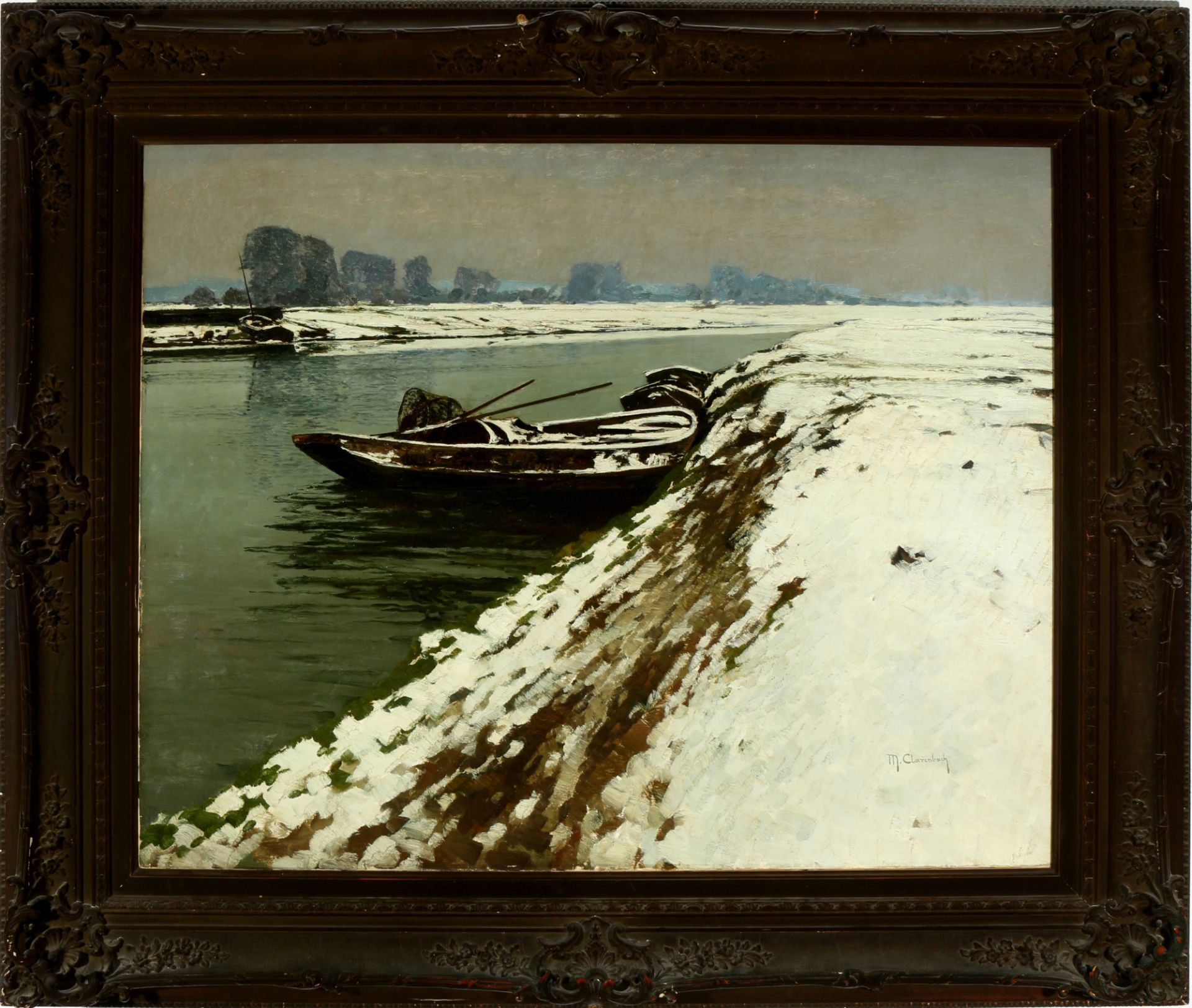 Max CLARENBACH (1880-1952) snowy riverbank with fishing boats, verschneites Flussufer mit Fischerboo - Image 2 of 4