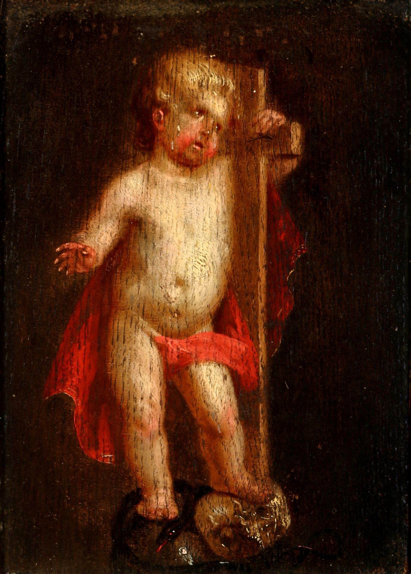 Old master 17th century cherub standing on skull and snake, Altmeister 17. Jahrhundert, Putto stehen