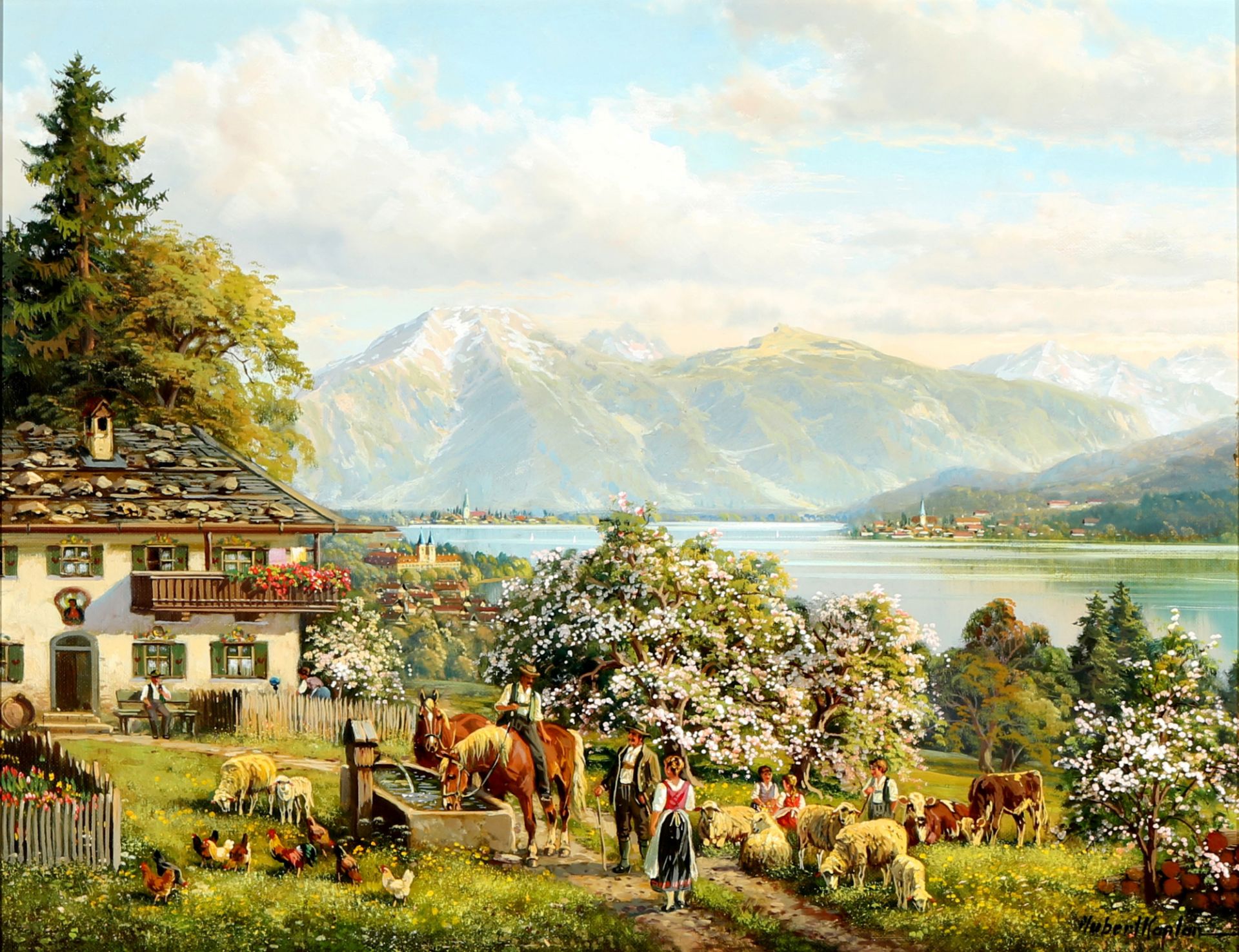 Hubert KAPLAN (*1940 München) Chiemsee with farm and grazing cattle, Chiemsee mit Bauernhof und gras