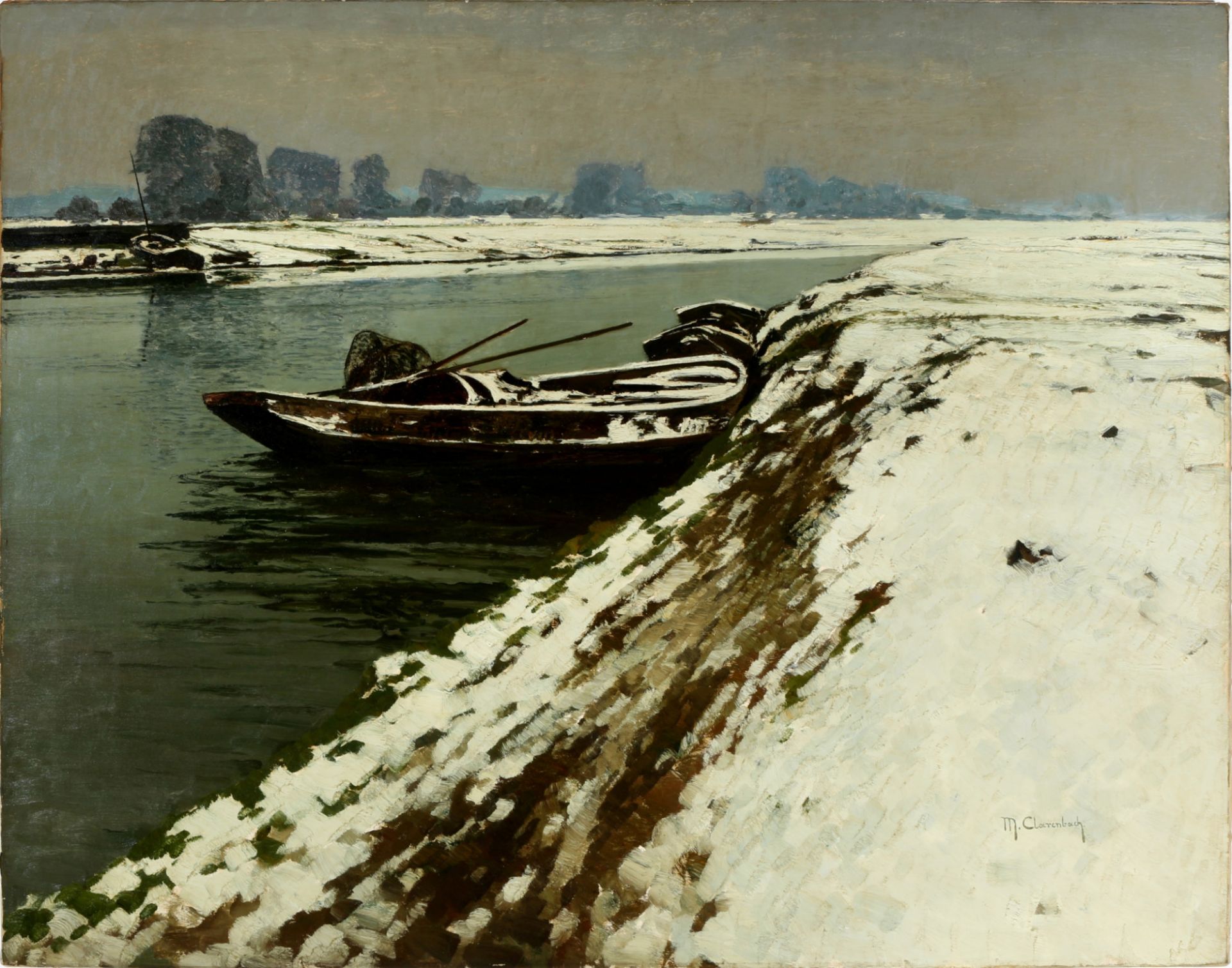 Max CLARENBACH (1880-1952) snowy riverbank with fishing boats, verschneites Flussufer mit Fischerboo