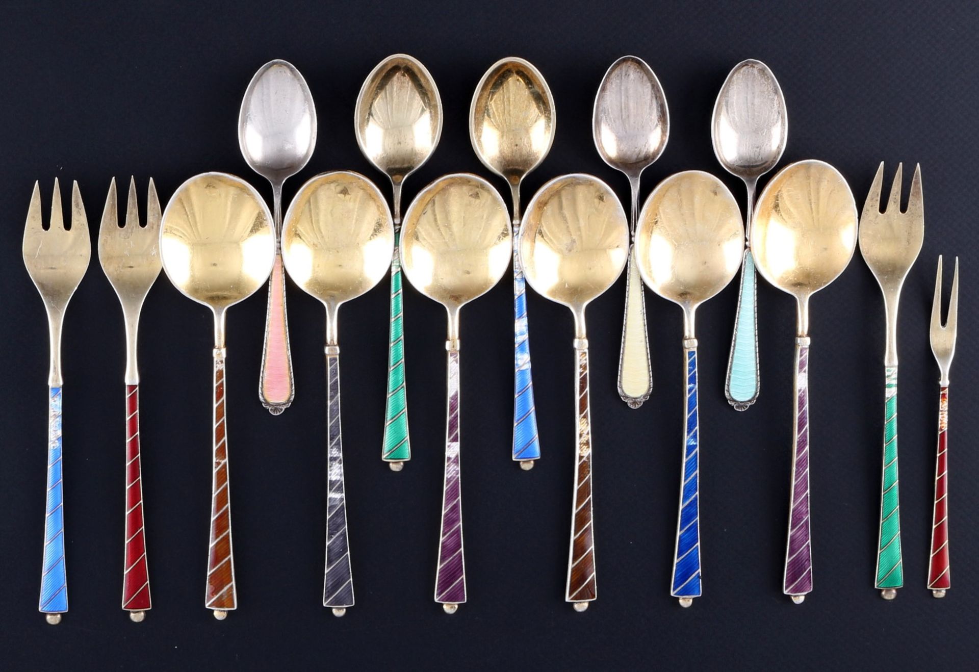 925 silver 15 enameled cutlery pieces, sterling silver 15 pieces enamel silver cutlery,
