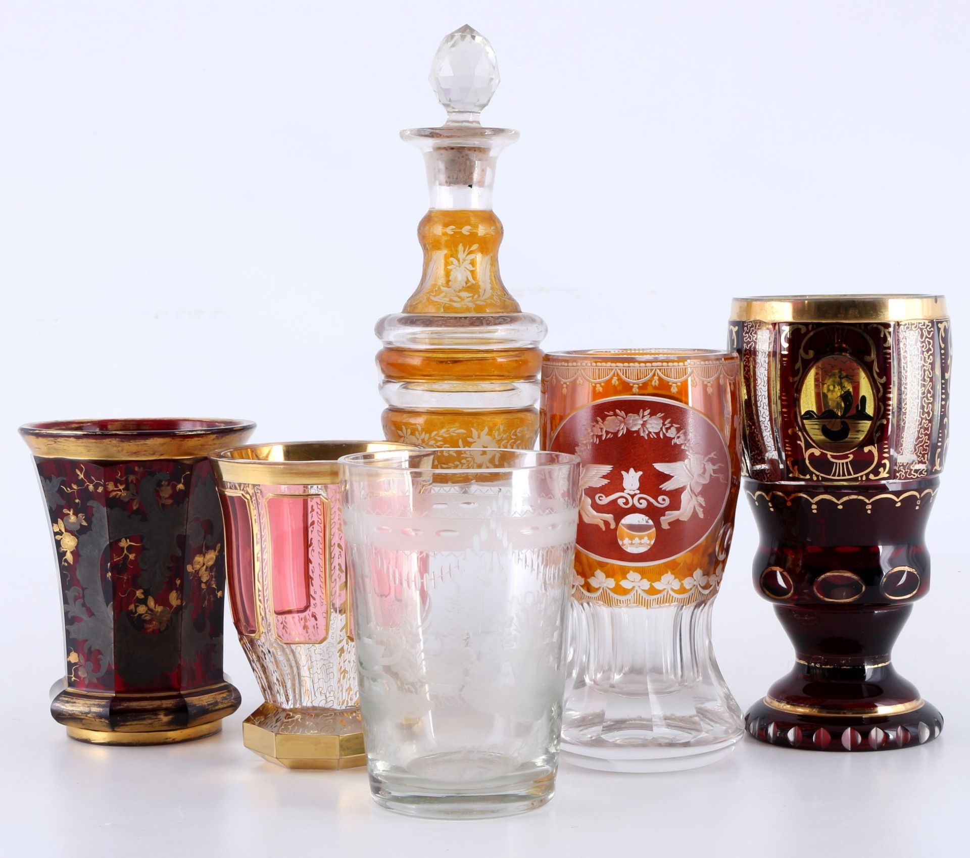 5 goblets / chalices with carafe, u.a. Böhmen / Bohemia, Pokale mit Karaffe,