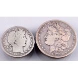 2 silver coins One Dollar and Half Dollar 1878-1909, 2 Silbermünzen One Dollar und Half Dollar 1878-