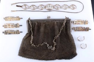 800-925 Silber Kettentasche, Ohrclips, Armbanduhr und 5 Krawattennadeln, silver jewelry,