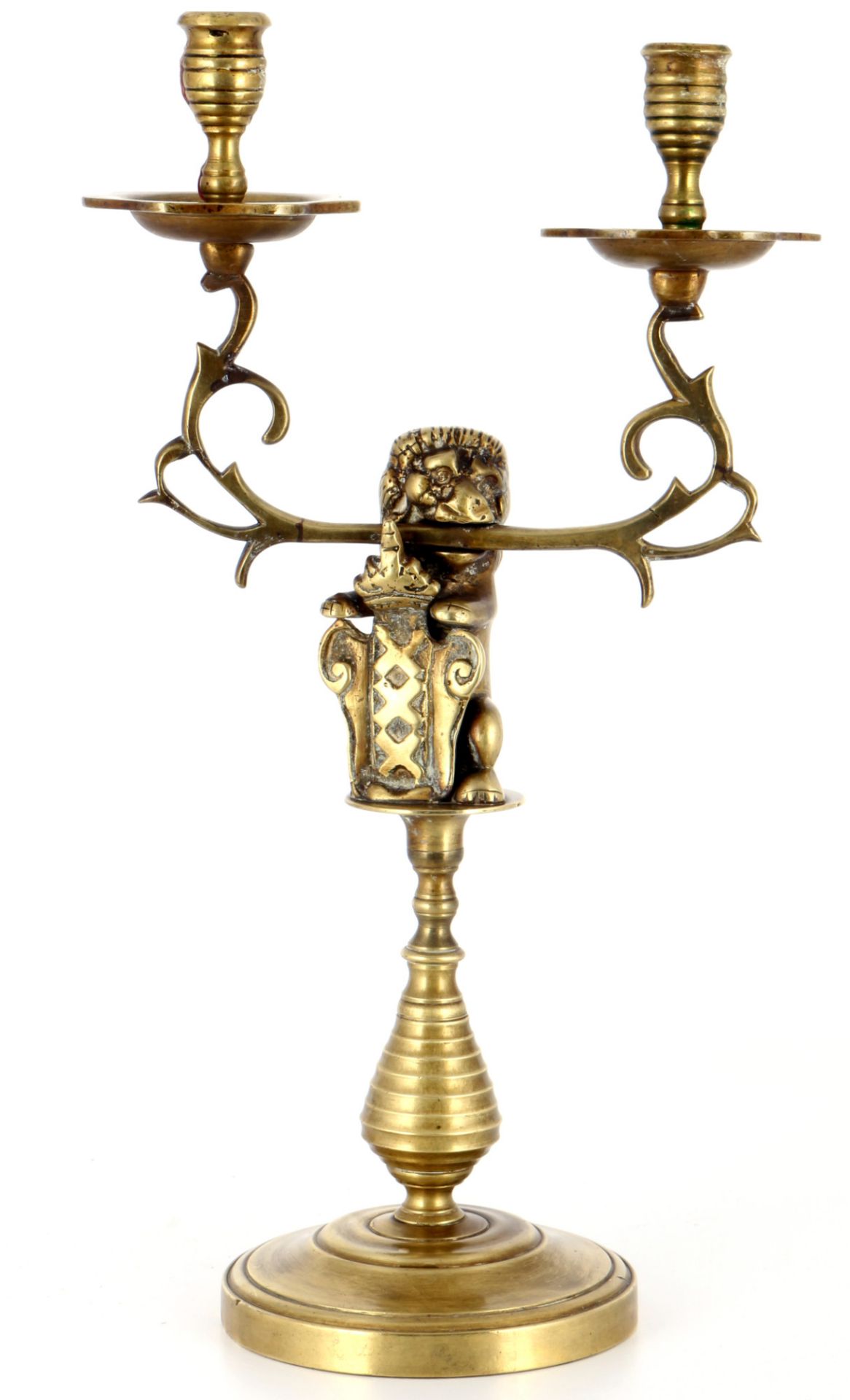 Amsterdam brass candlestick with city coat of arms around 1930, Messingleuchter mit Stadtwappen