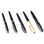 5 vintage fountain pens with 585 gold nibs, 5 Vintage Füller mit 585 Goldfeder, u.a. Geha,