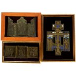 Russia 3 icons - bronze triptychs and blessing cross 19th century, Russland Bronze 2 Bronze Triptych